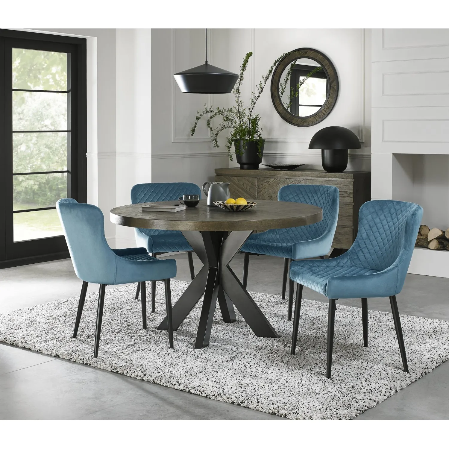 Dark Oak Small Dining Table Set 4 Blue Velvet Fabric Chairs