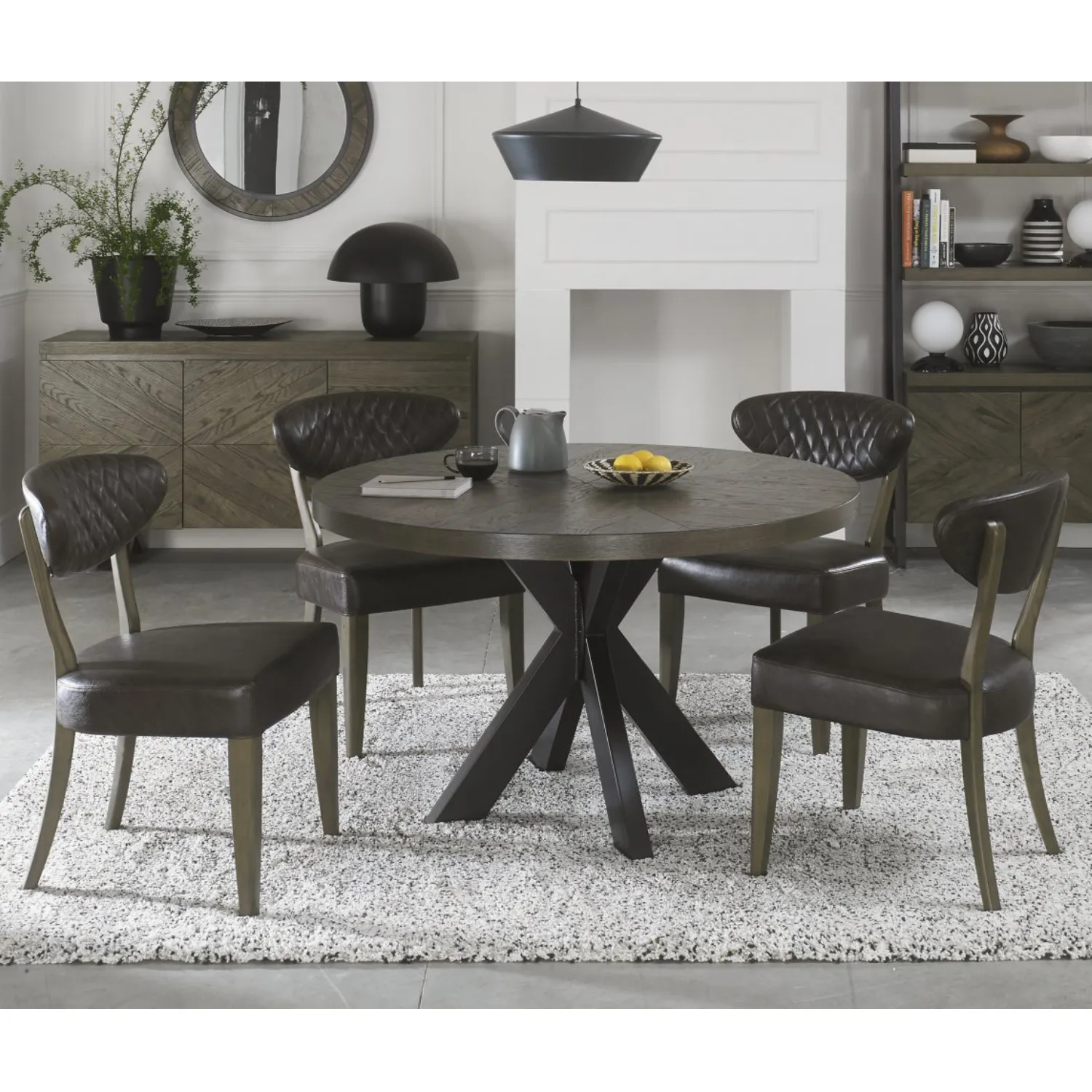 Dark Oak Small Round Dining Table Set 4 Grey Leather Chairs