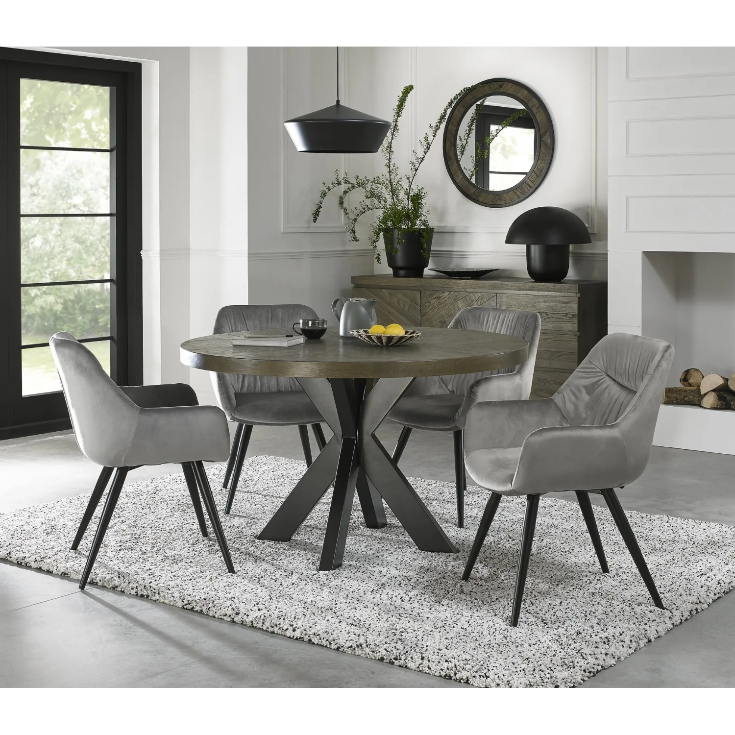 Dark Oak Round Dining Table Set 4 Grey Velvet Fabric Chairs