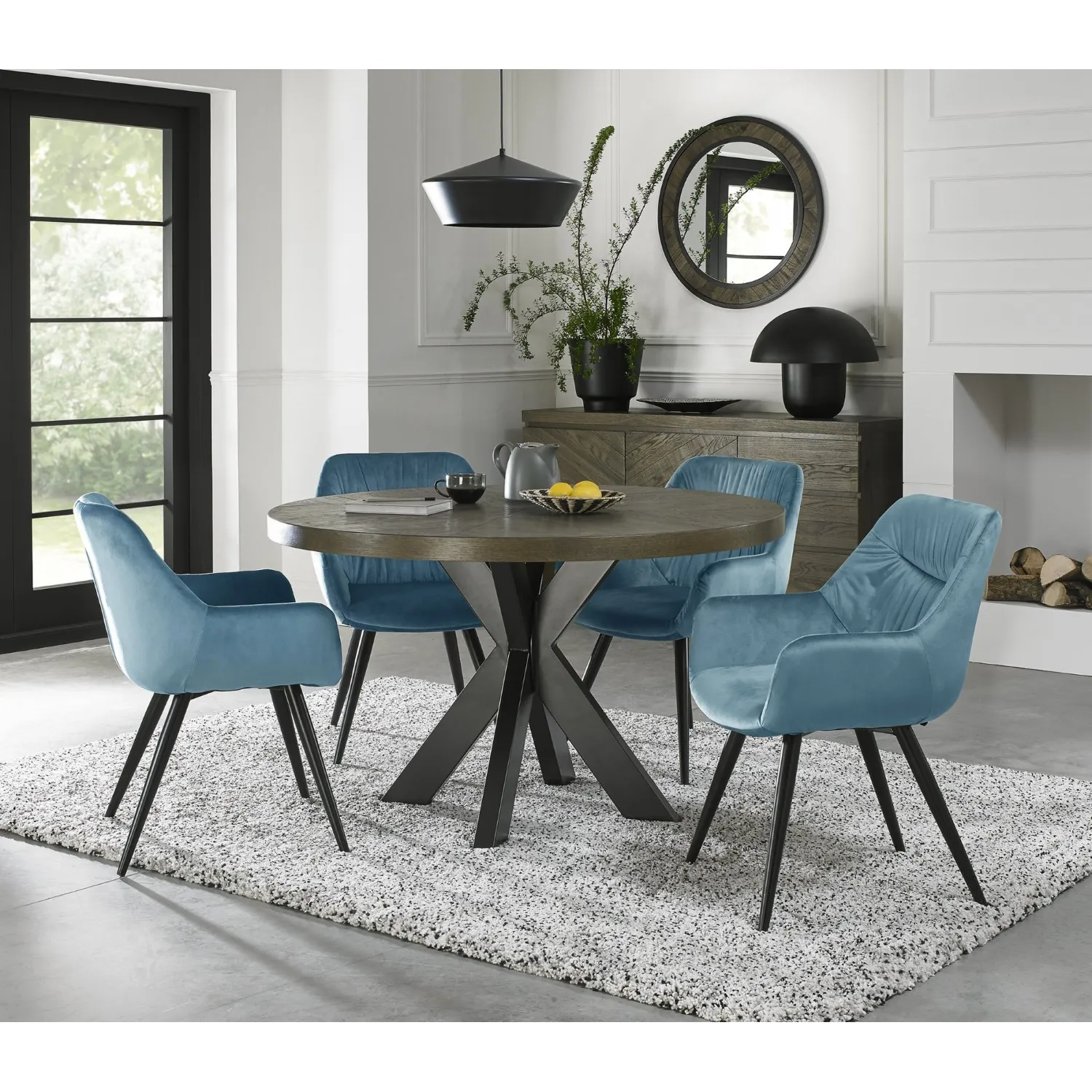 Dark Oak Round Dining Table Set 4 Blue Velvet Fabric Chairs