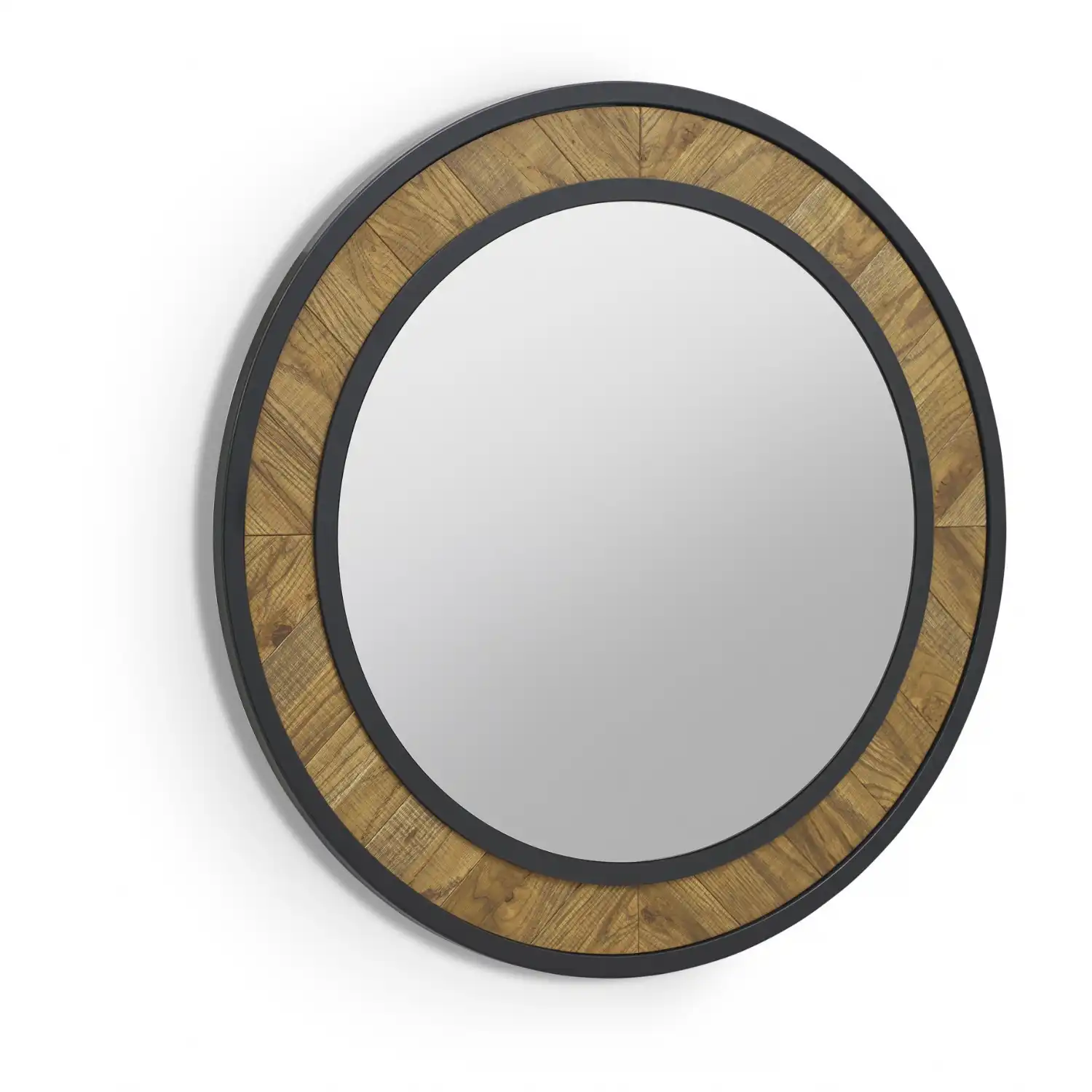 Rustic Oak Round Wall Mirror Herringbone Pattern
