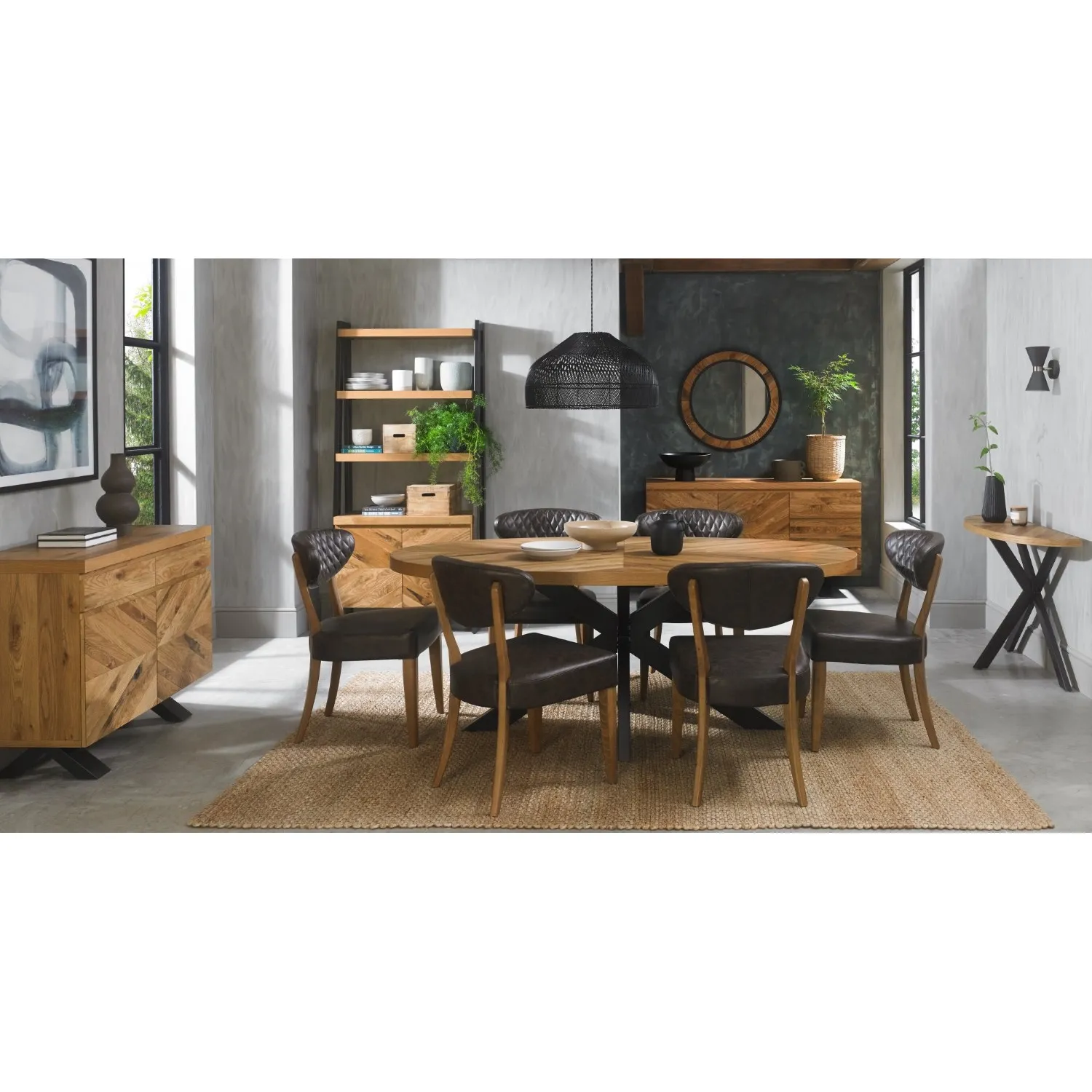 Rustic Oak Oval Dining Table x 6 Grey Leather Chairs Set