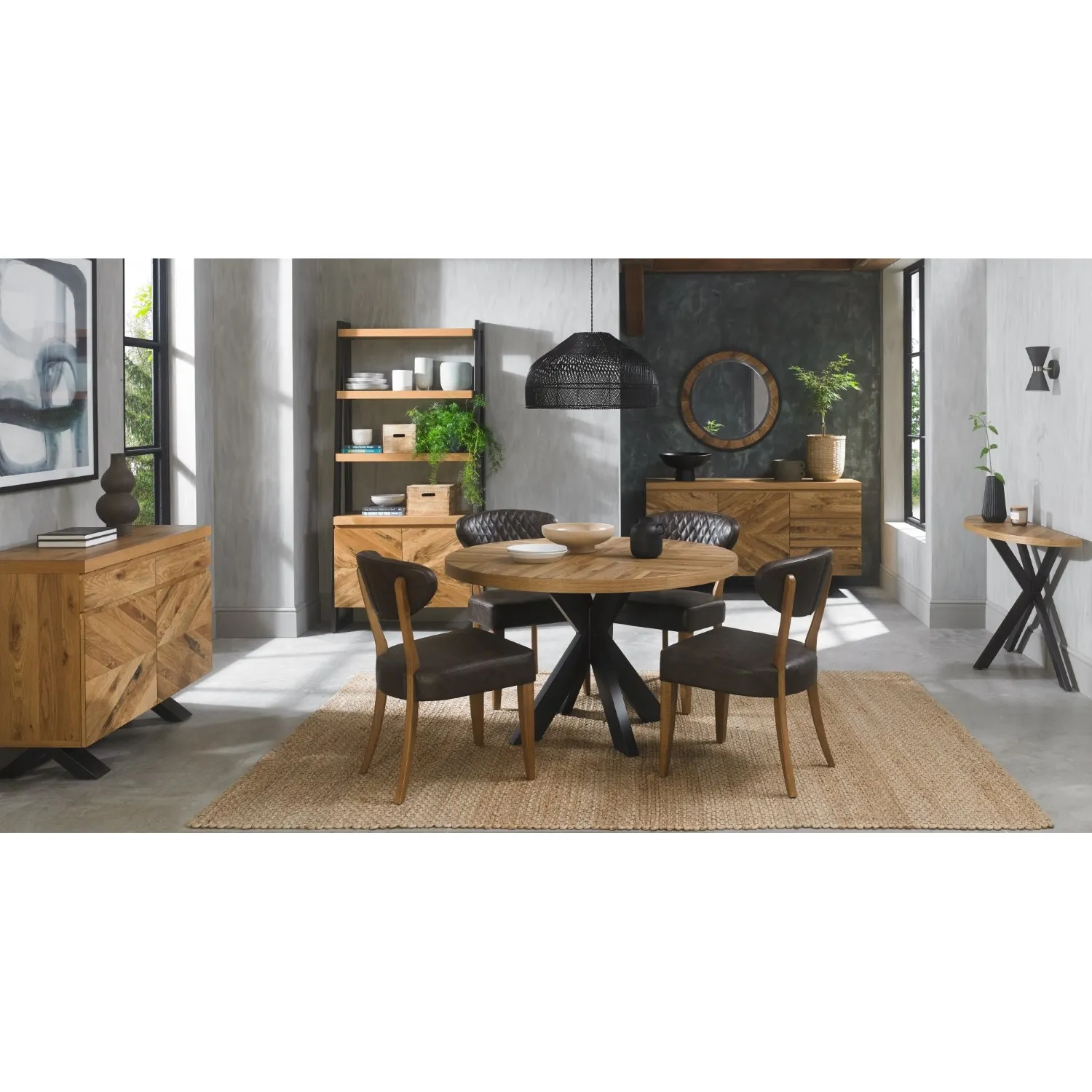 Rustic Oak Small Round Dining Table + 4 Leather Chairs