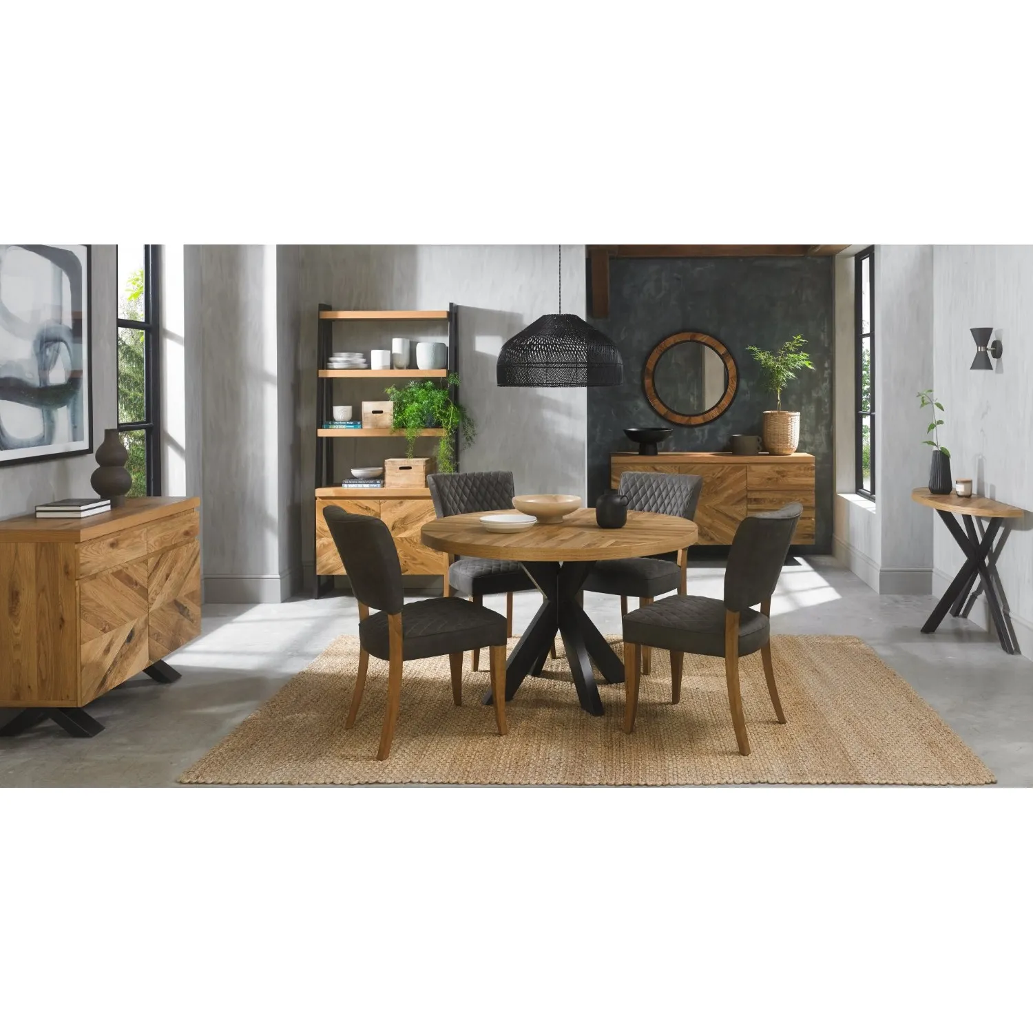 Rustic Oak Round Dining Table Set 4 Dark Grey Fabric Chairs