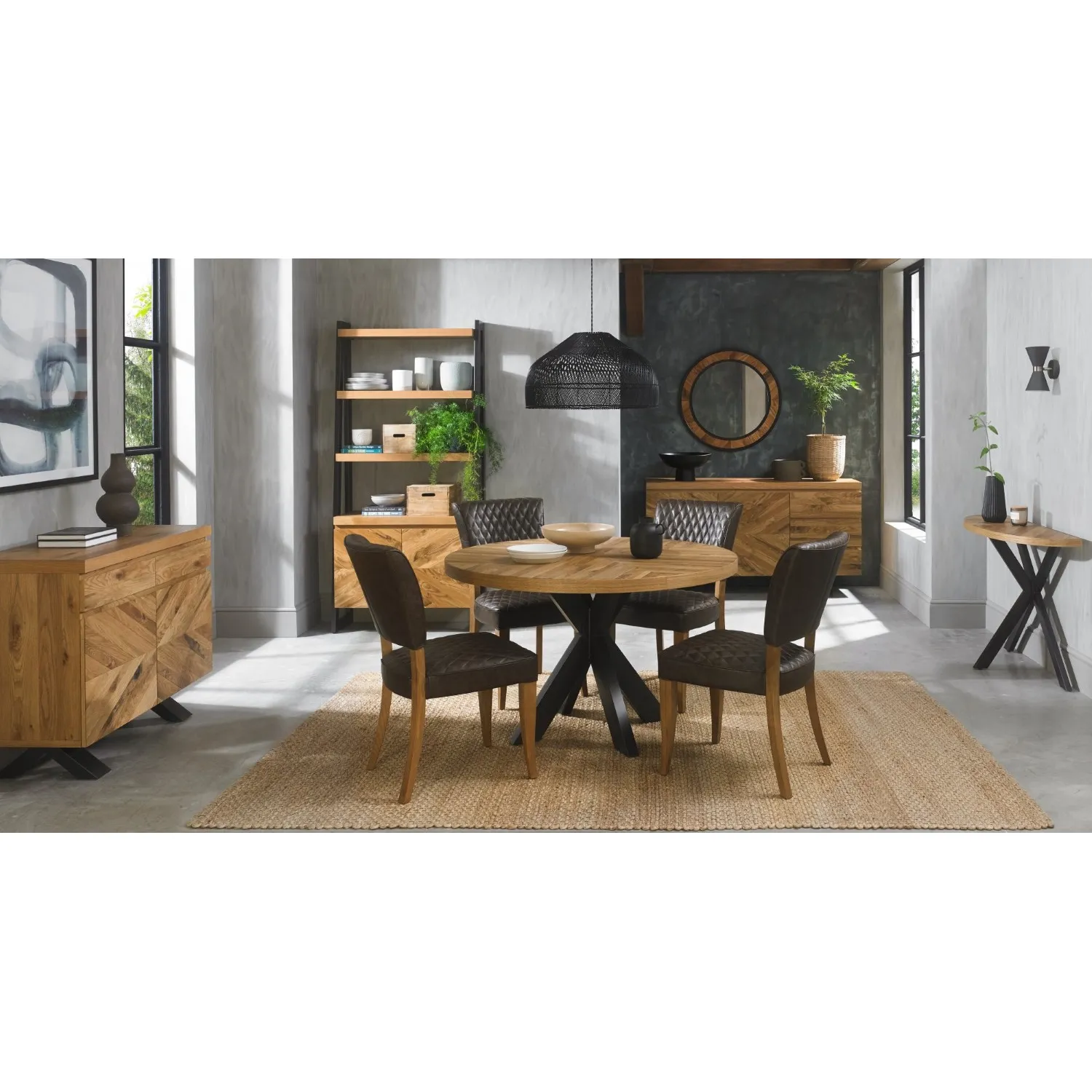 Rustic Oak Round Dining Table Set 4 Grey Leather Chairs