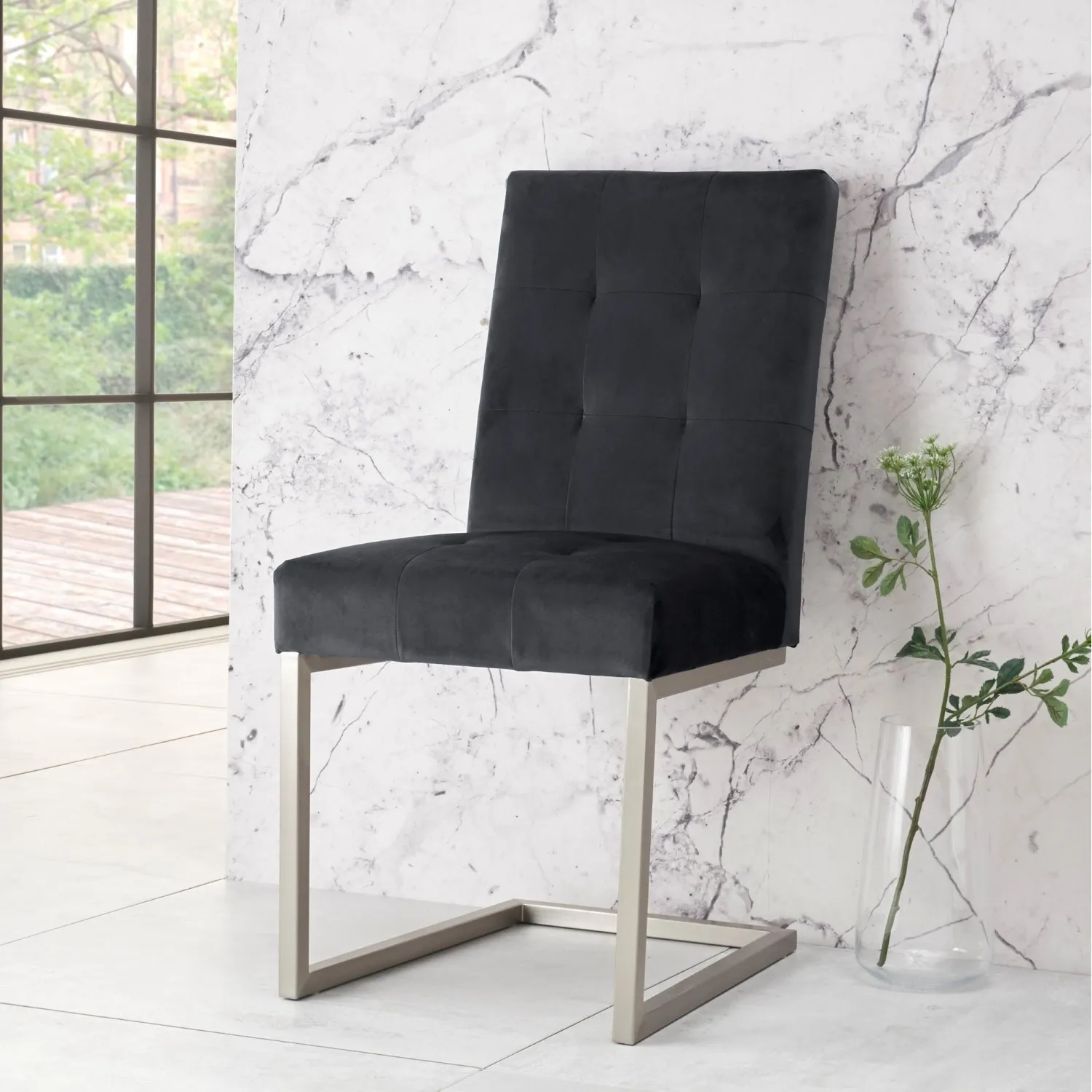 Grey Velvet Fabric Dining Chair Brushed Nickel Metal Frame