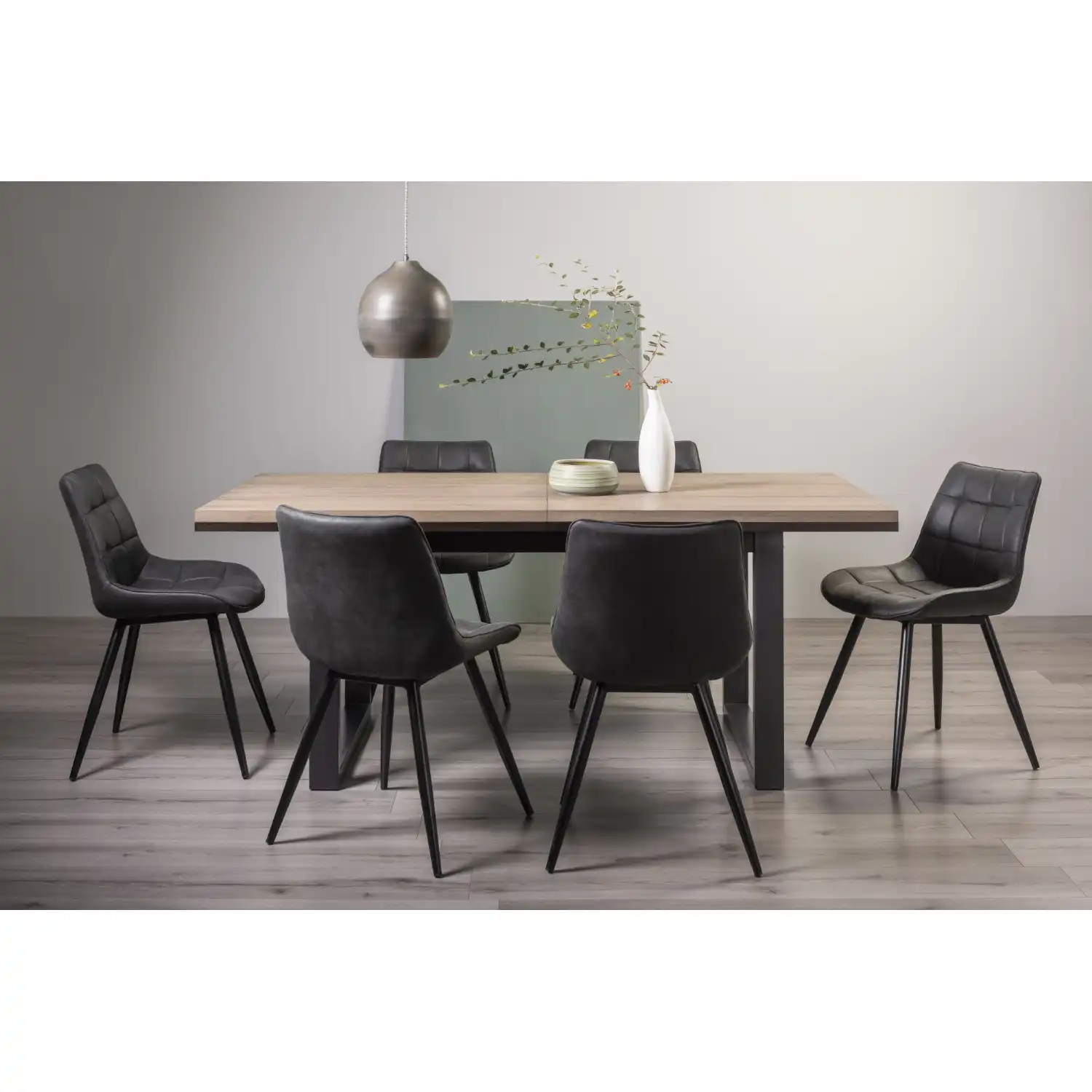 Weathered Oak Extending Dining Set 6 Grey Leather Chairs