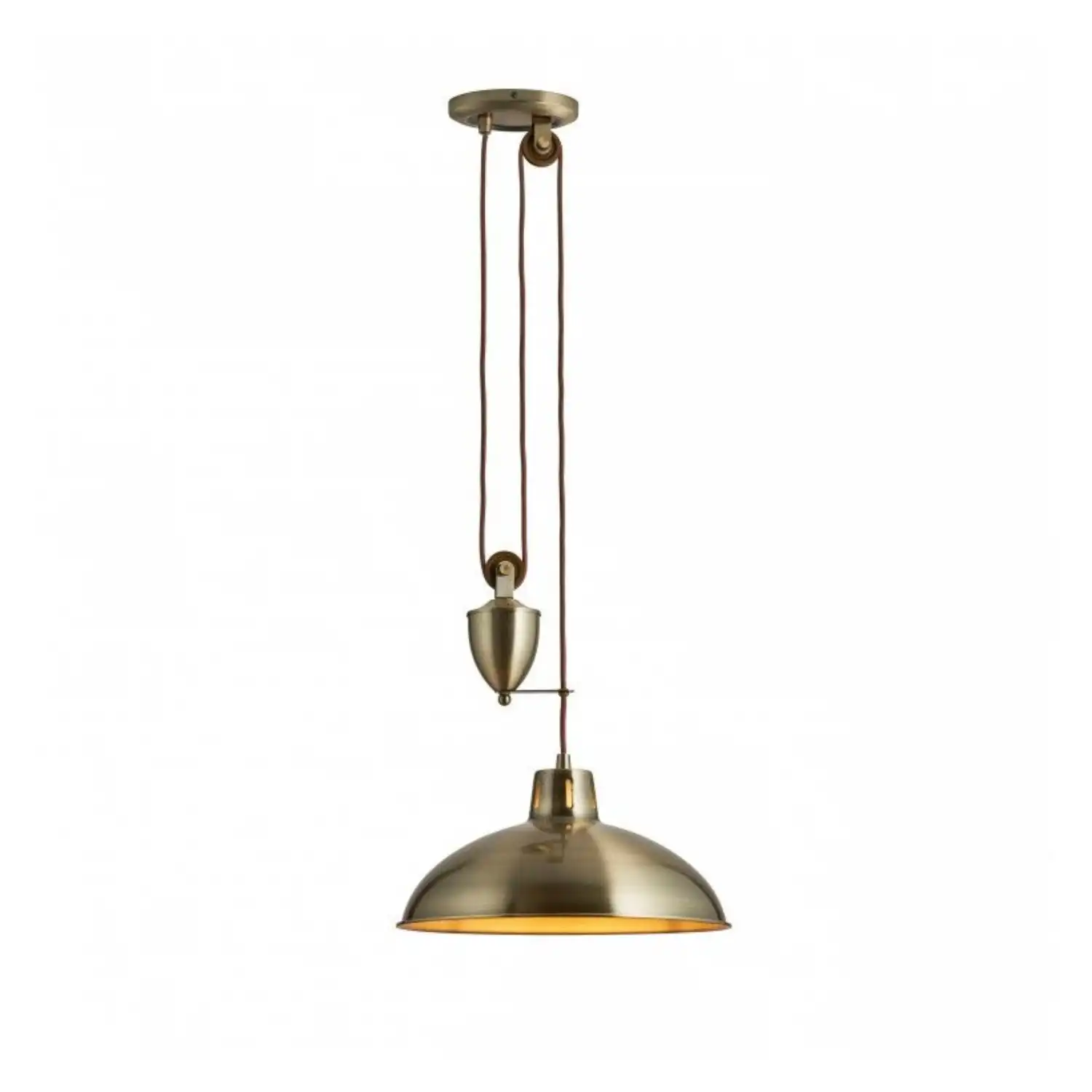 Height Adjustable Antique Brass Pendant Ceiling Light On Rope Pulley