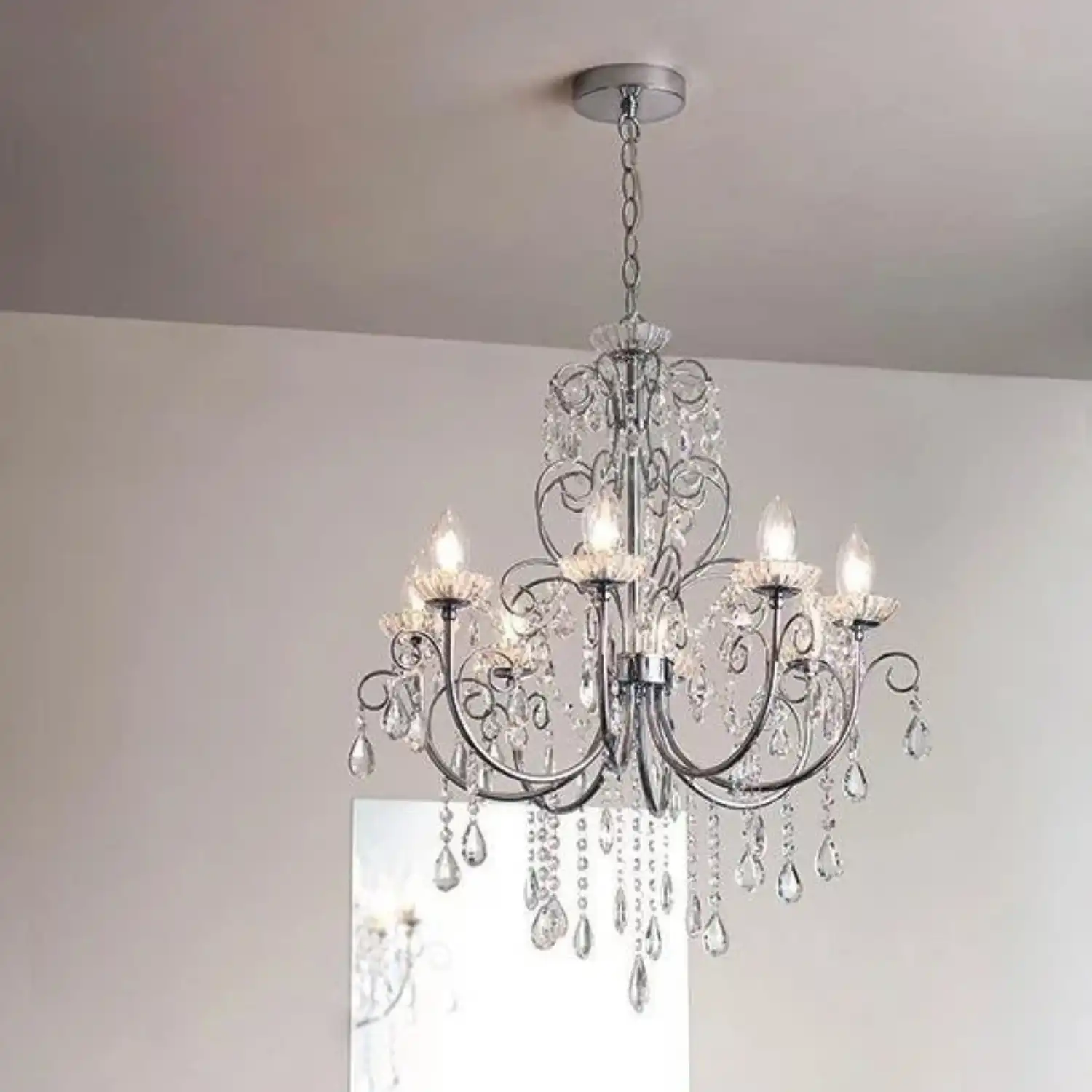 Large Chrome Plated Steel and Crystal Glass 8 Pendant Light Chandelier