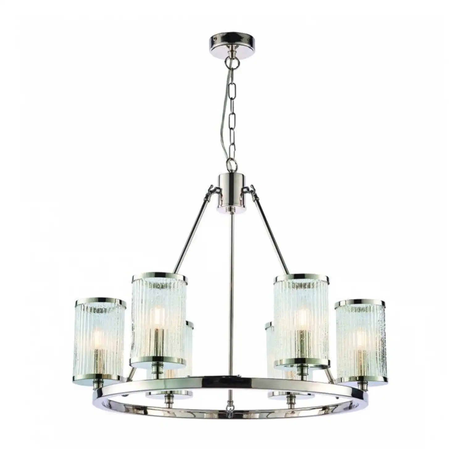 Nickel 6 Clear Glass Ribbed Shade Pendant Light