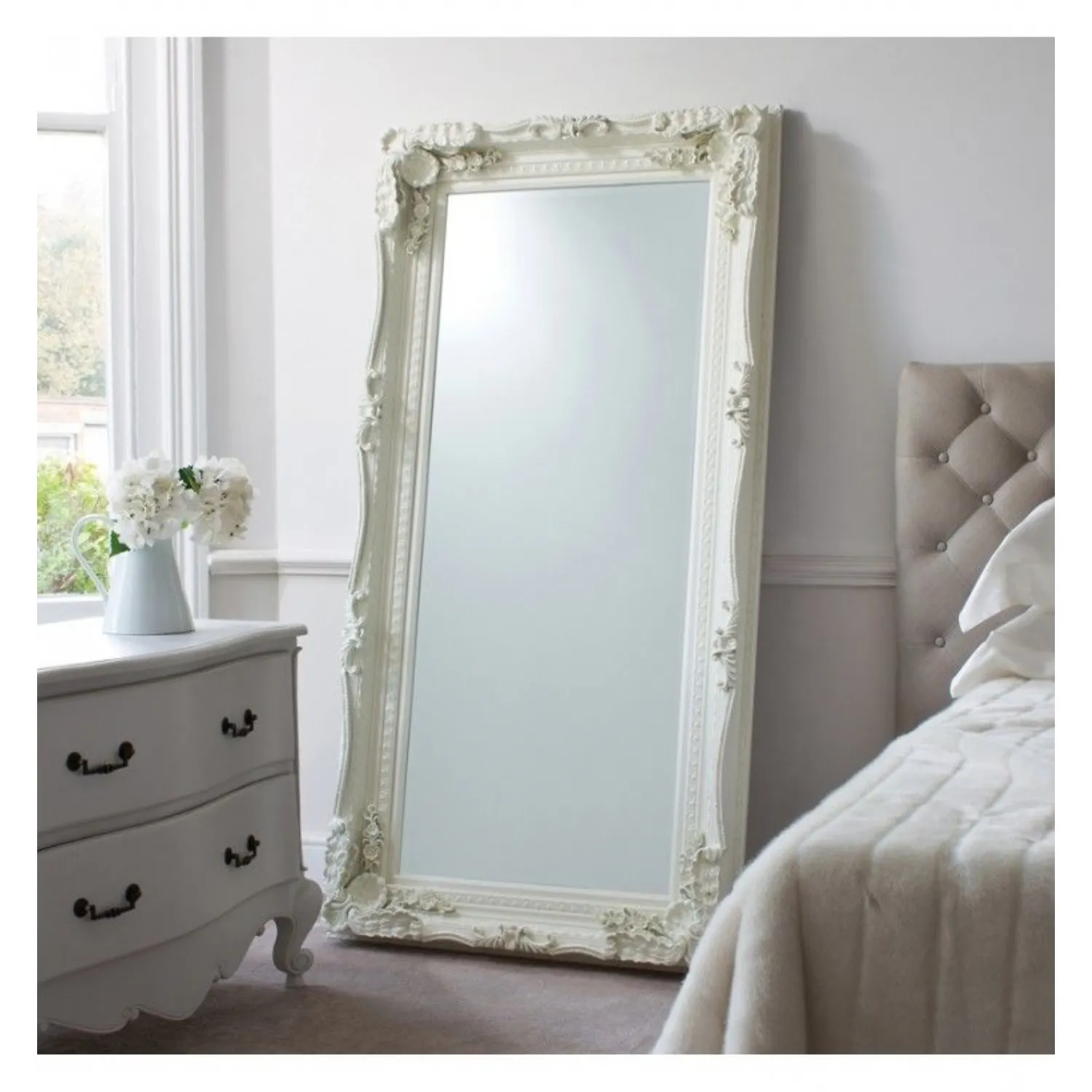 Large Cream Painted Ornate Rectangular Leaner Mirror