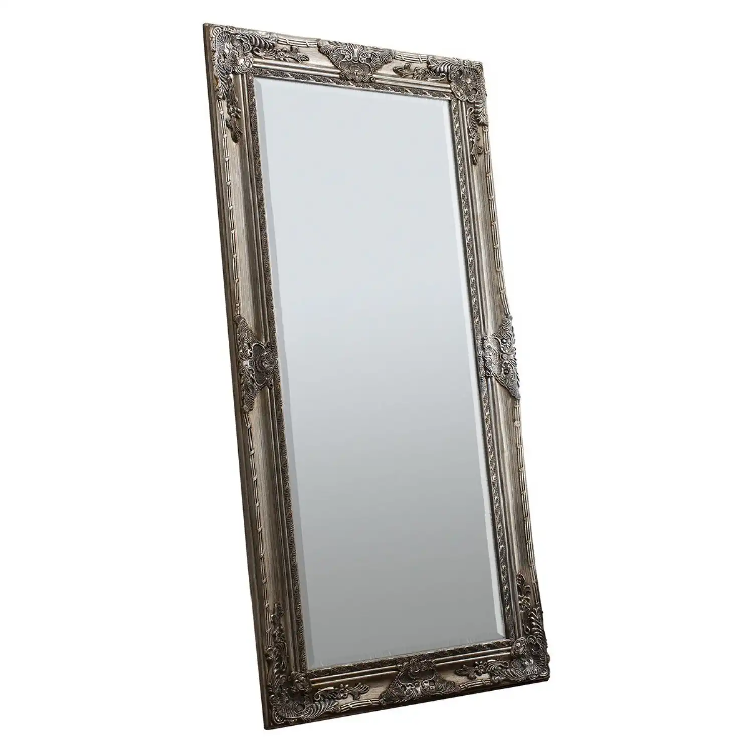 Large Ornate Rectangular Leaner Floor Mirror Silver