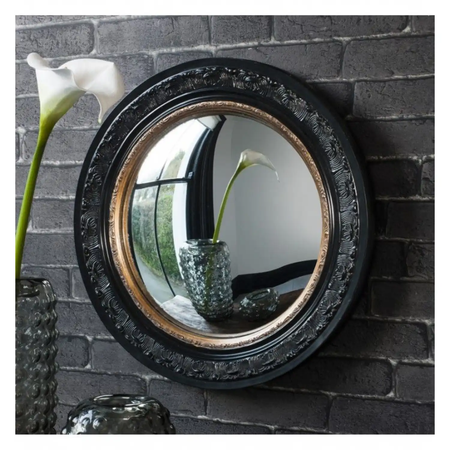 Industrial Round Black And Inner Gold Convex Glass Porthole Wall Mirror 51cm Diameter