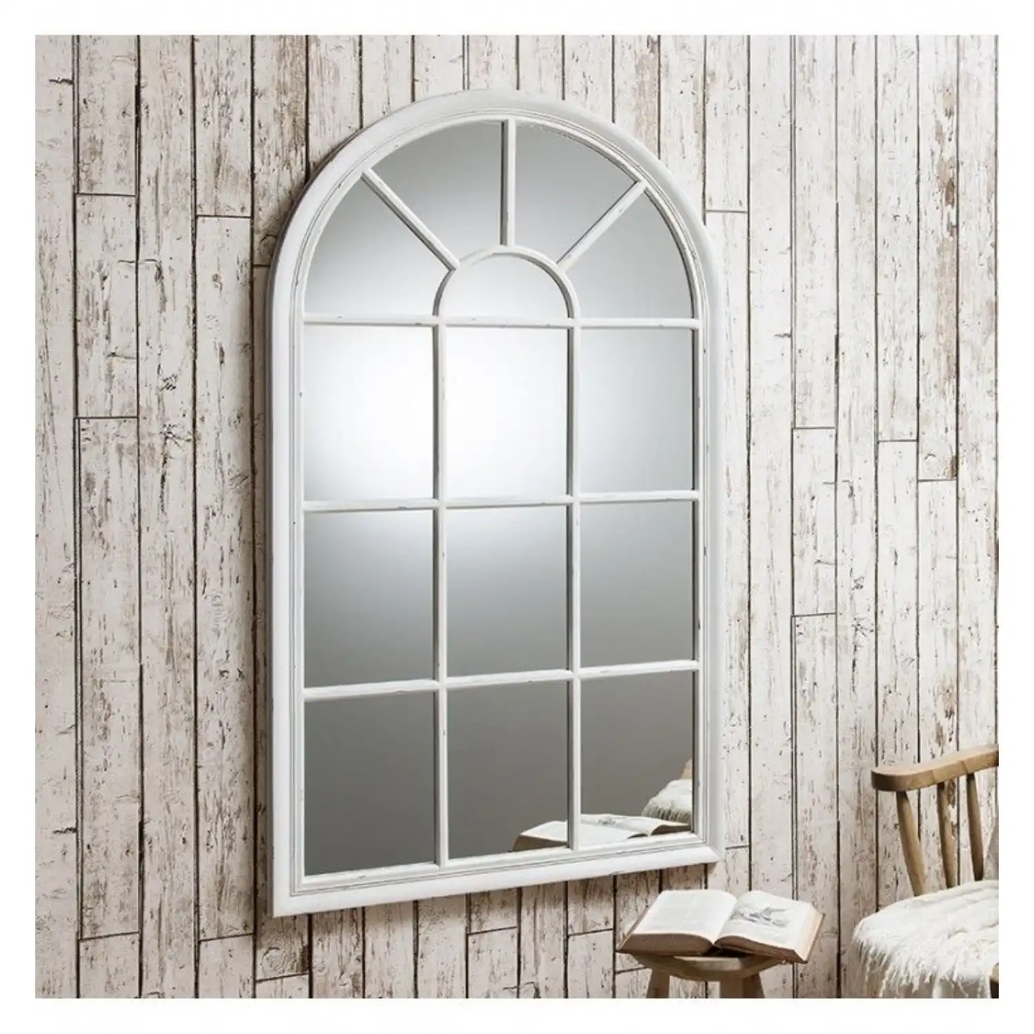 Large Arched Multi Window Wall Mirror White Crackle Distressed Texture