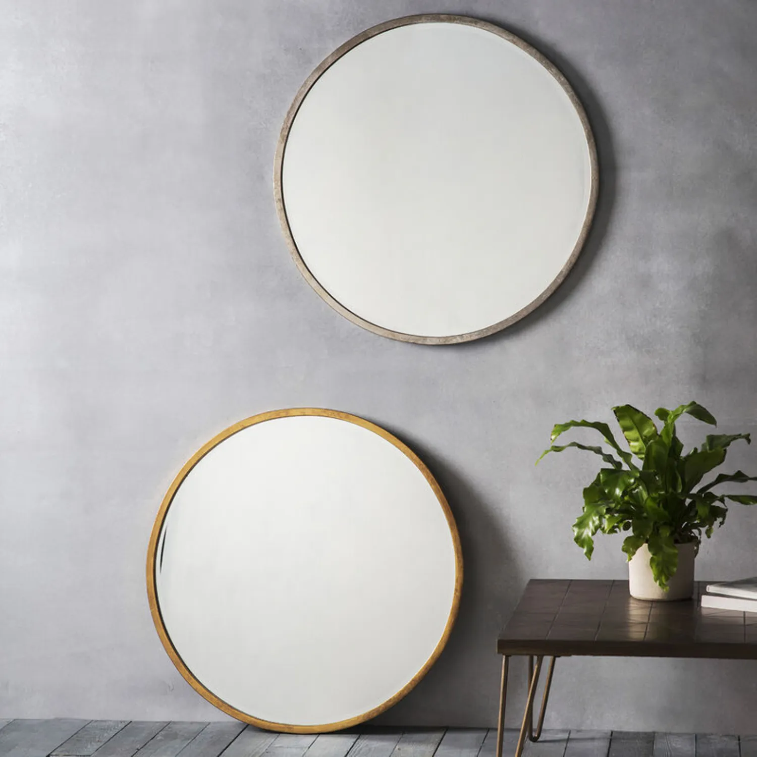 Antique Silver Thin Metal Framed Round Wall Mirror