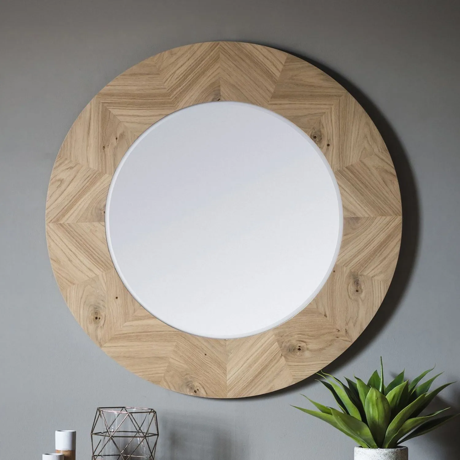 Chevron Inlay Design Oak Wood Round Wall Mirror 90cm
