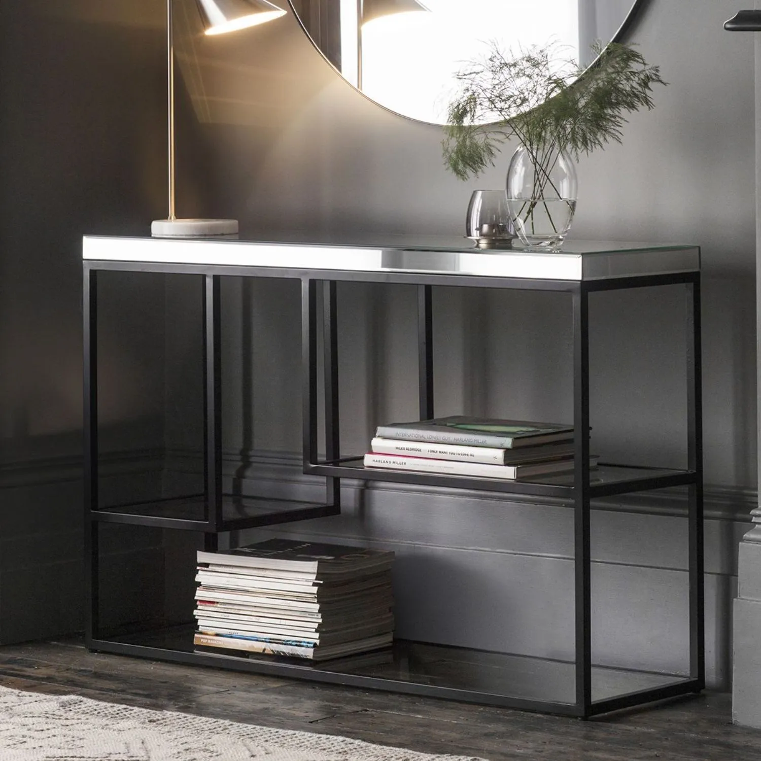 Black Display Console Table Mirrored Glass Top 120cm Wide