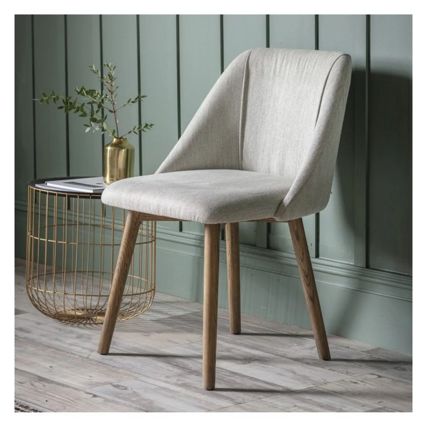 Neutral Linen Fabric Dining Chair Wooden Legs