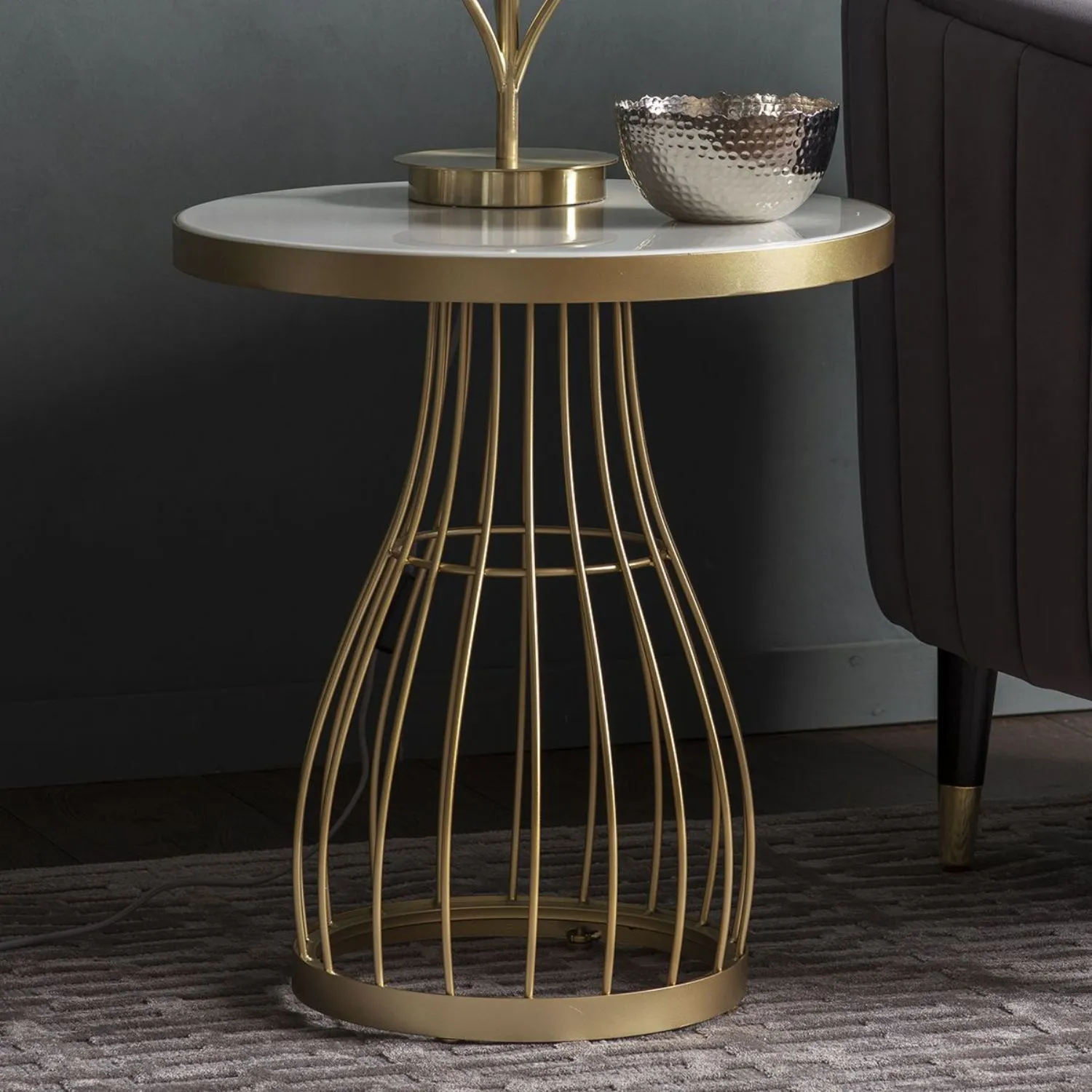 White Top Gold Metal Cage Base Round Side Table