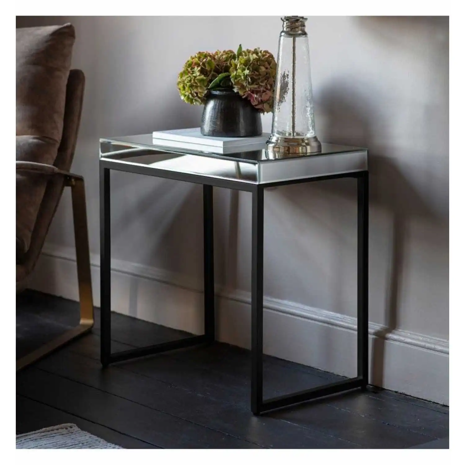 Mirrored Glass Side Table Black Metal Frame