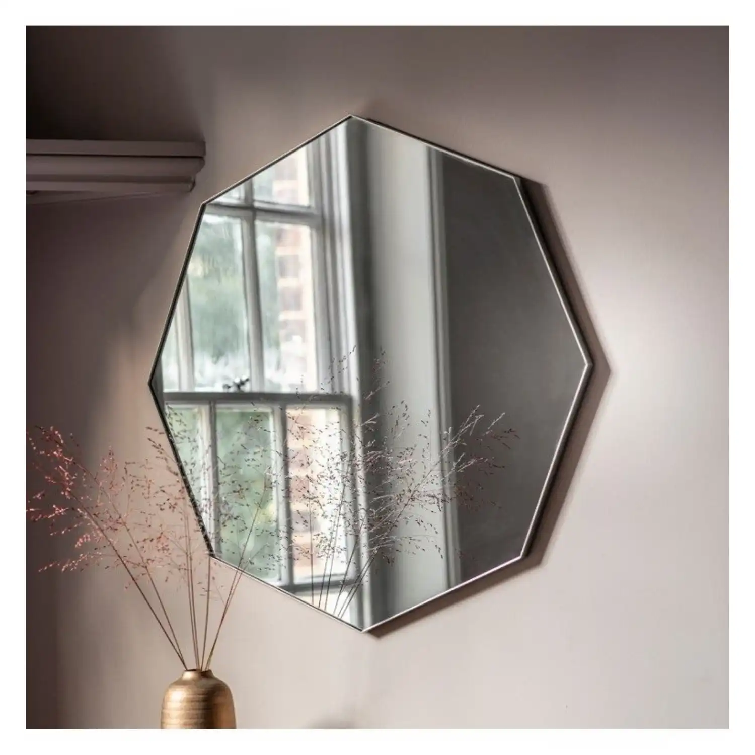 Modern Unique Octagonal Arched Silver Metal Frame Bedroom Wall Mirror 80cm Diameter
