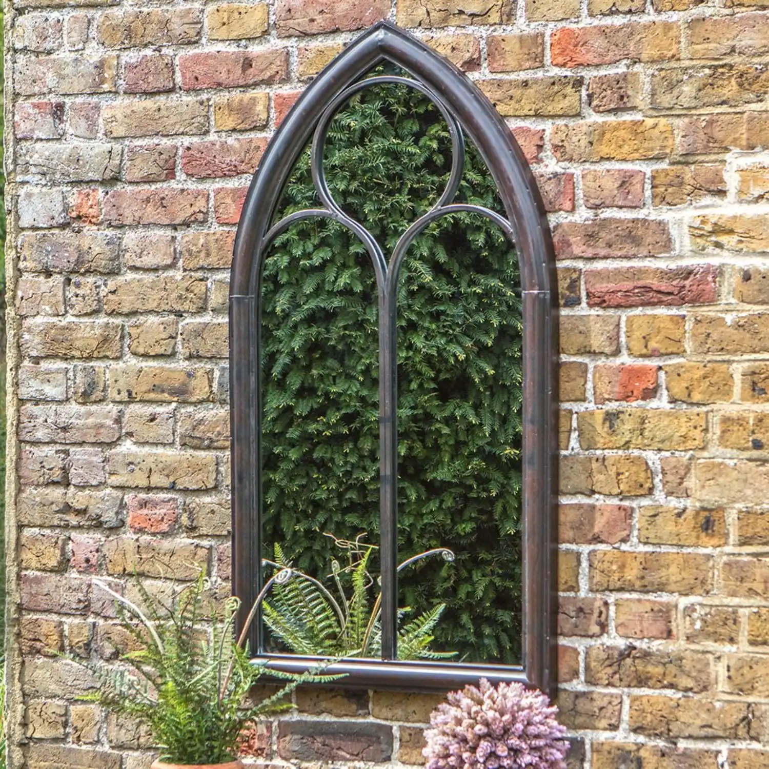 Brown Arched Outdoor Metal Window Wall Mirror