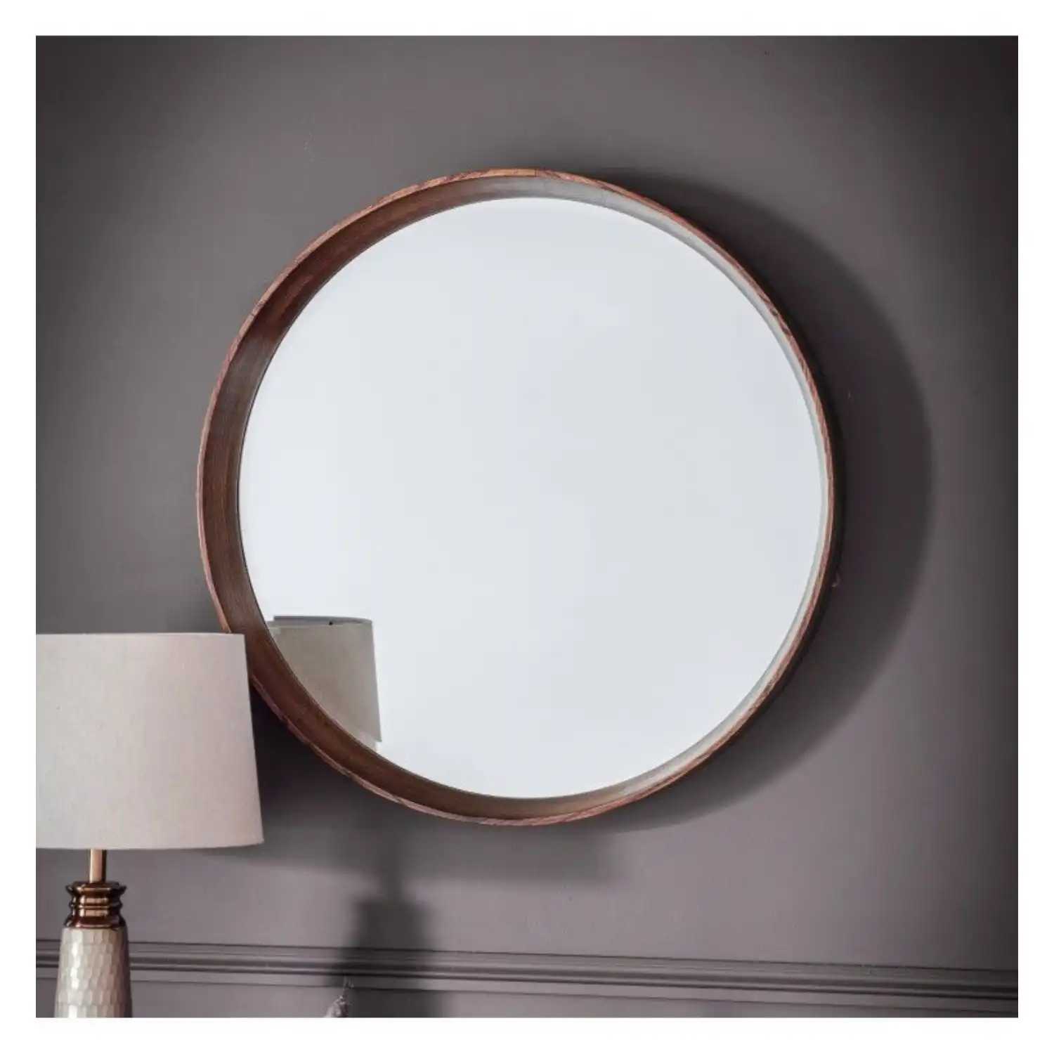 Large Round Walnut Recessed Deep Frame Wall Mirror
