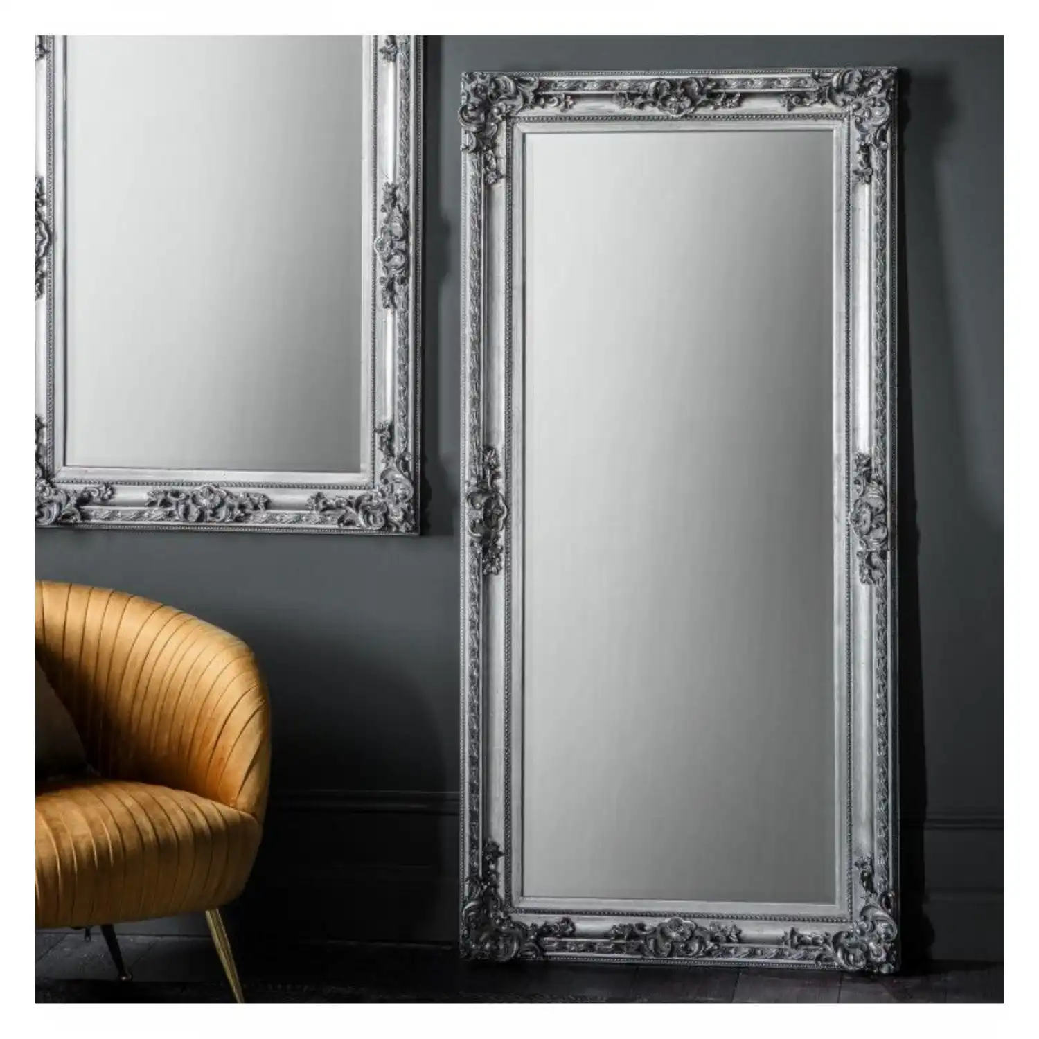 Ornate Framed Rectangular Leaner Extra Large Wall Mirror in Silver