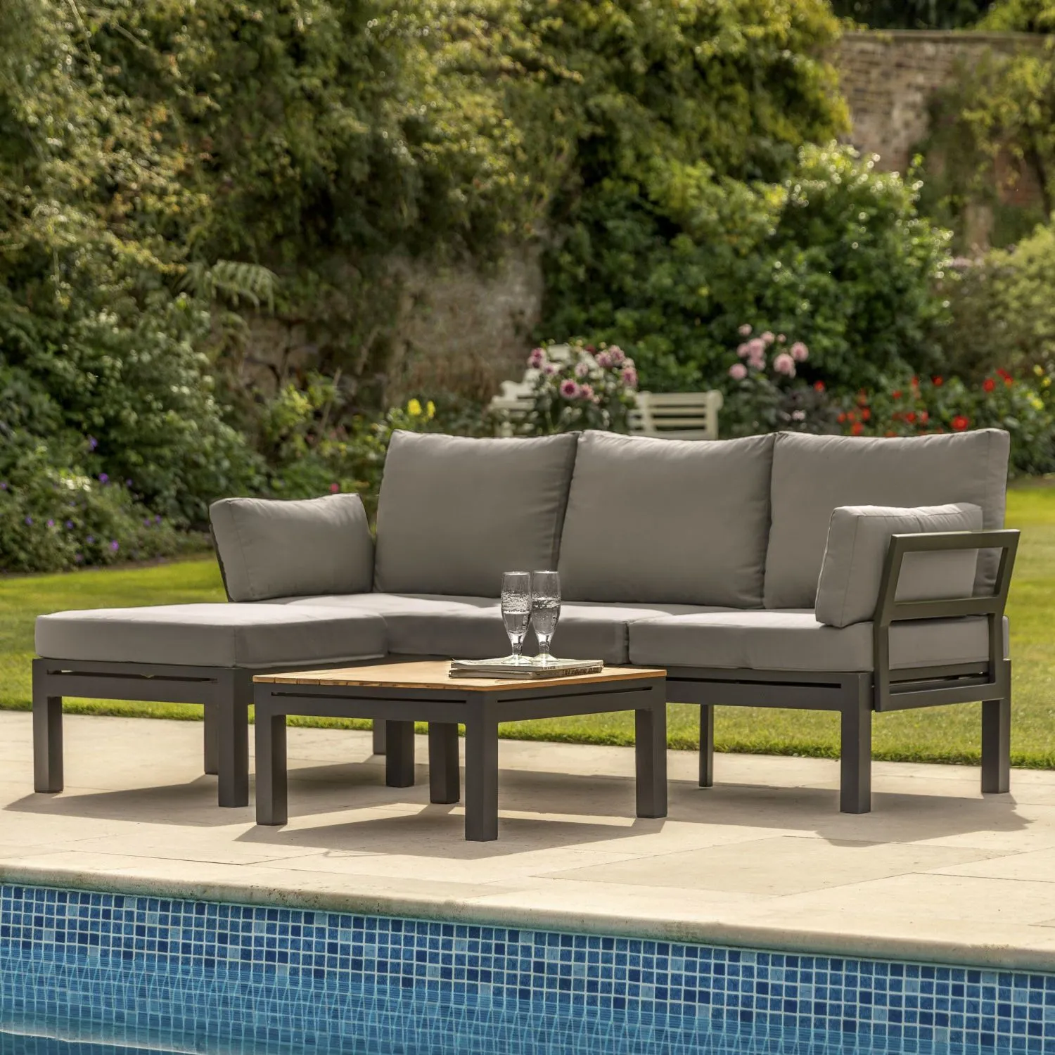 Grey Outdoor Garden Sun Lounger Corner Sofa Set with Table