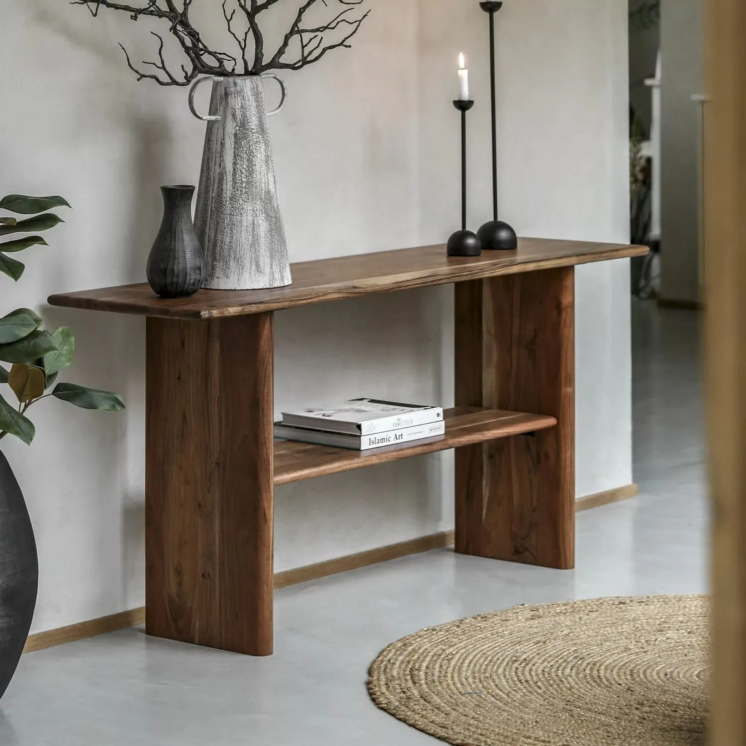 Natural Wood Large Console Table with Lower Shelf