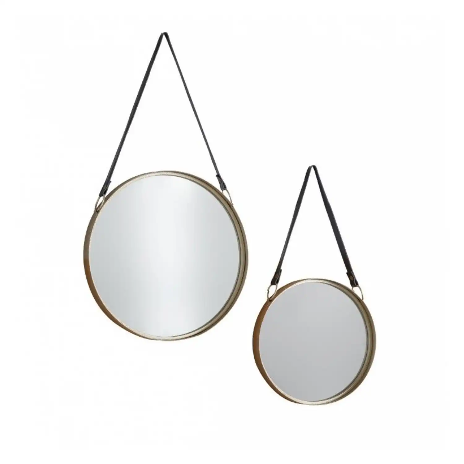 Mirrors With Leather Hanging Strap Gold (Set of 2)
