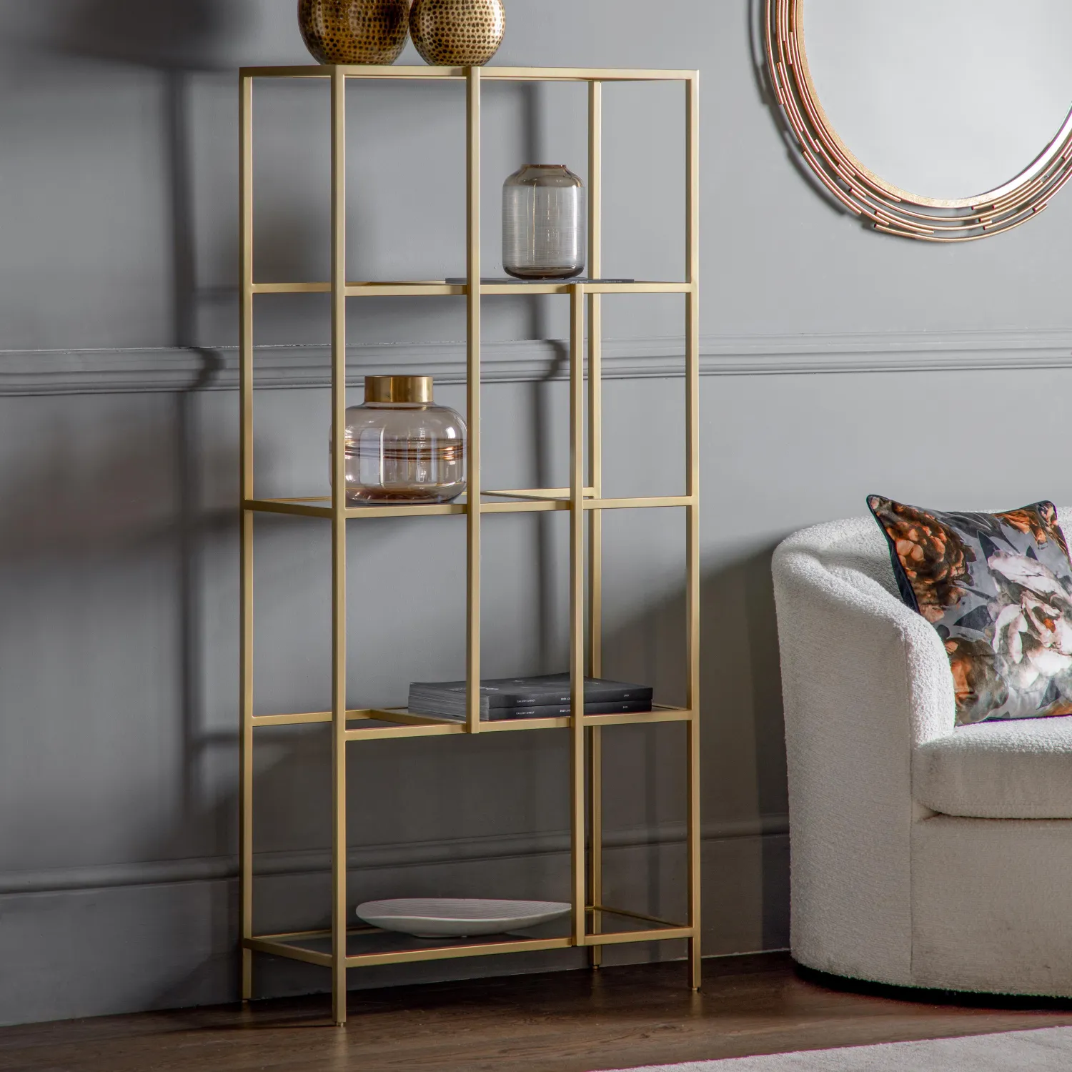 Champagne Gold Glass and Metal Display Unit