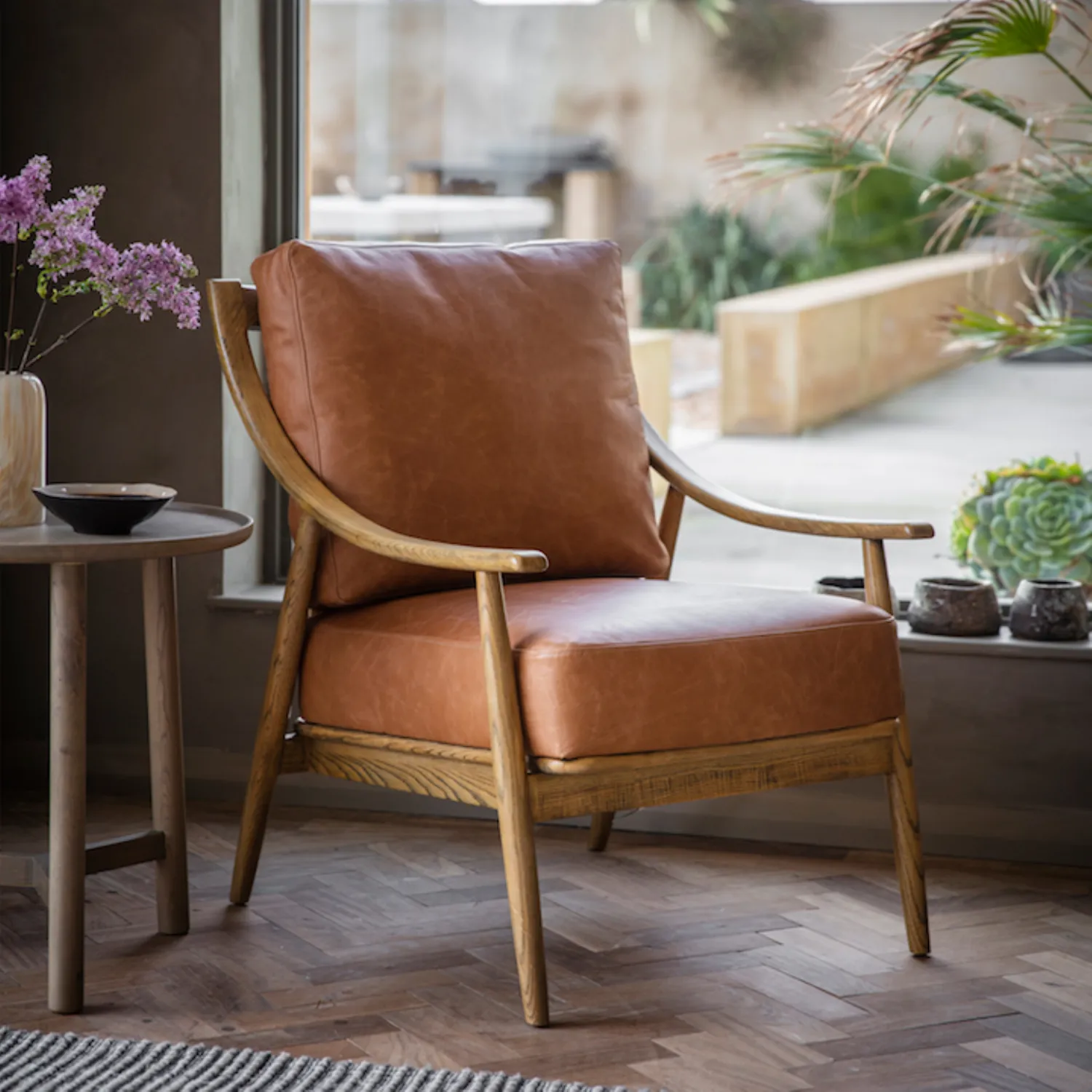 Tan Brown Leather Armchair Oak Arms and Frame