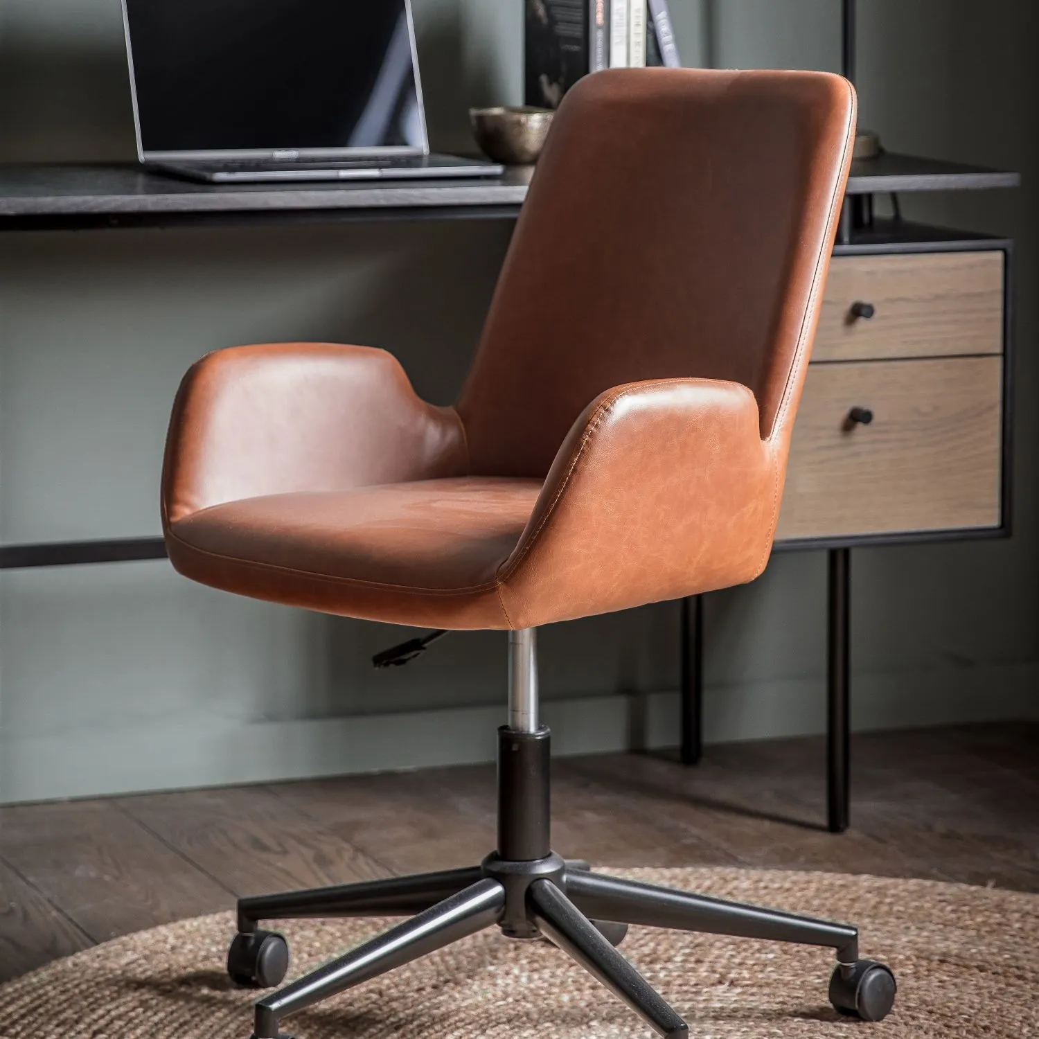 Tan Brown Leather Adjustable Swivel Office Chair on Castors