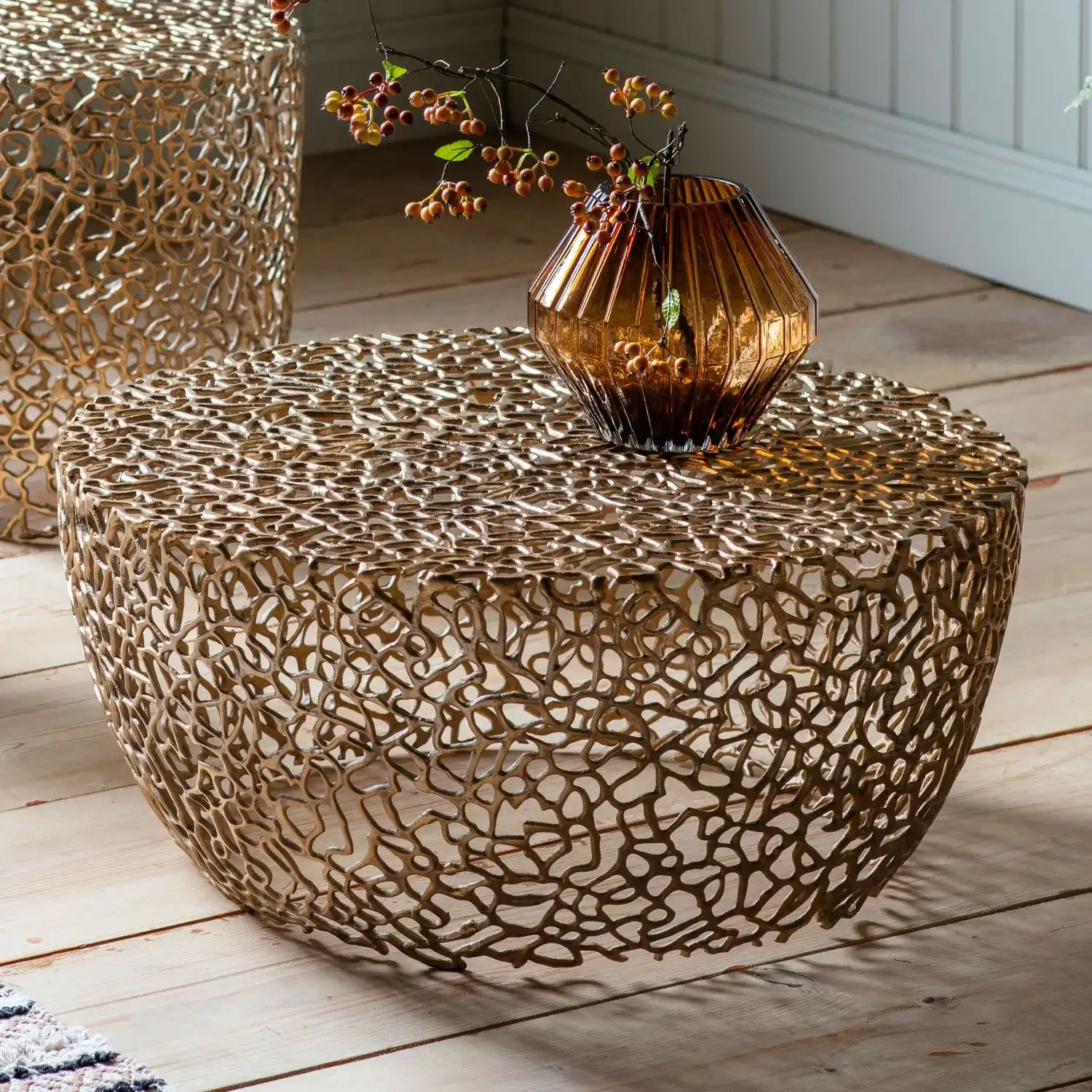 Round Coffee Table Gold Metal Intricate Honeycomb Design