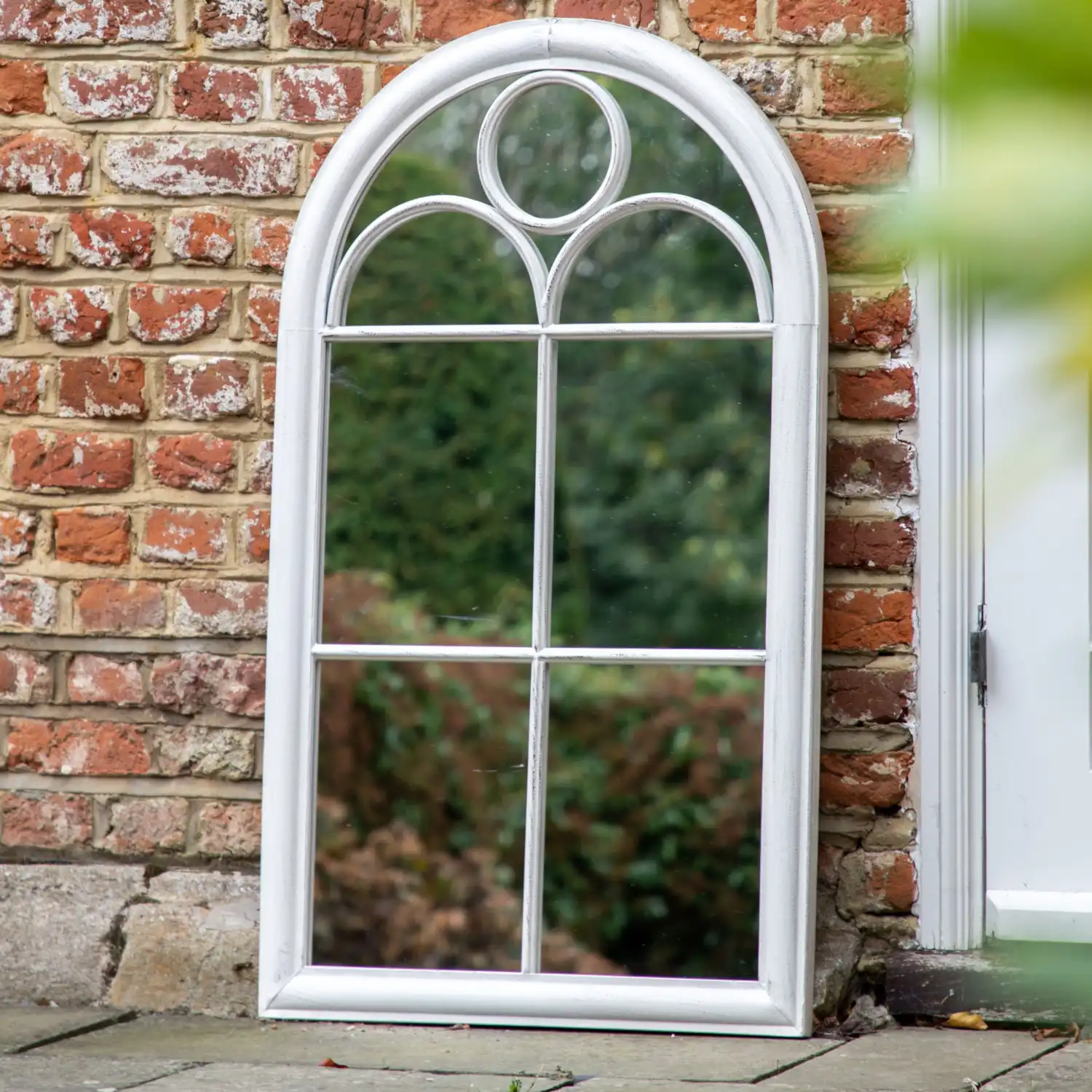 White Metal Outdoor Arched Window Wall Mirror
