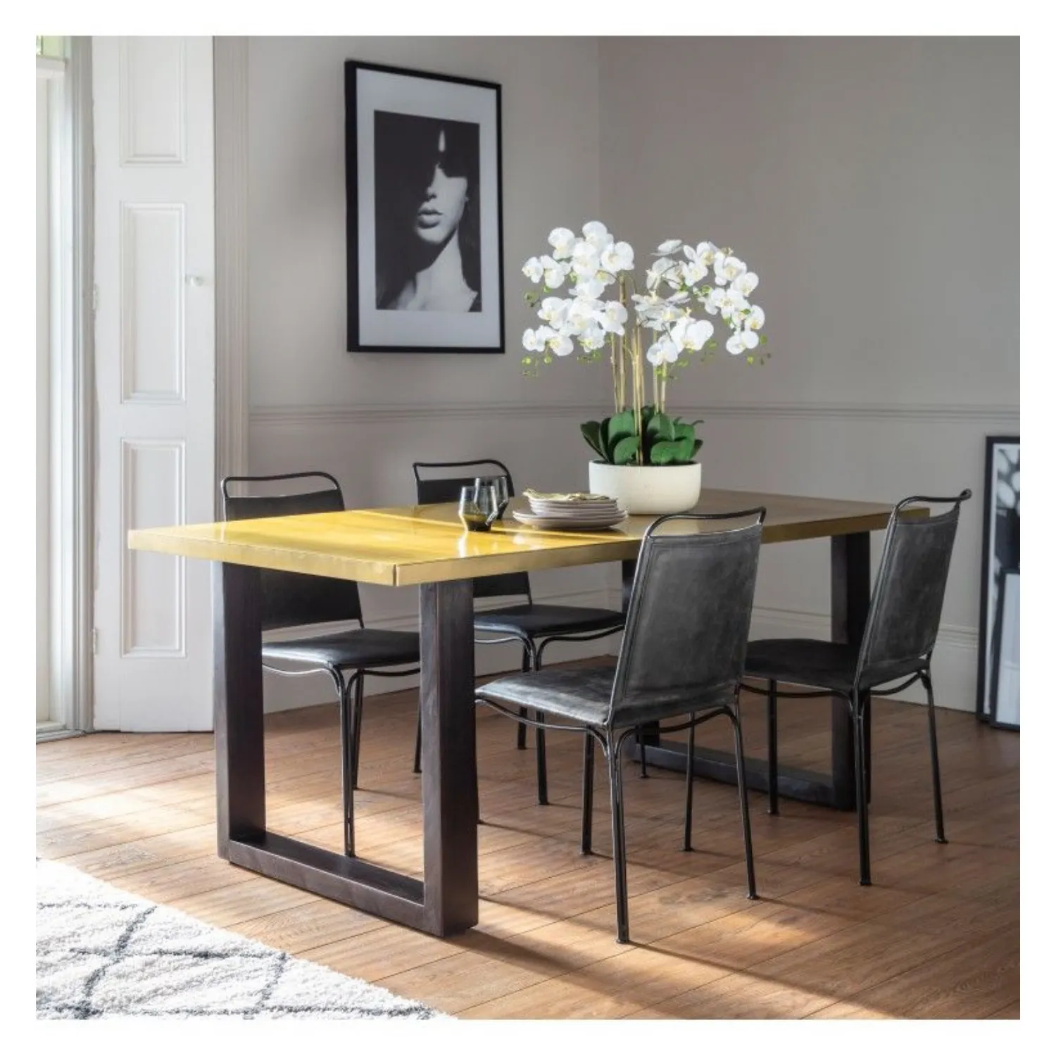 Gold Top Large Rectangular Dining Table Black Legs