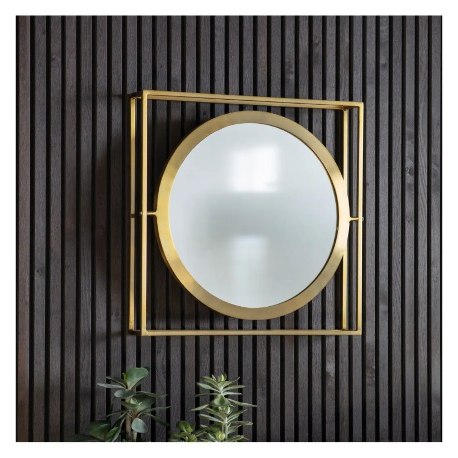 Brass Square Metal Frame Inner Round Circle Wall Mirror