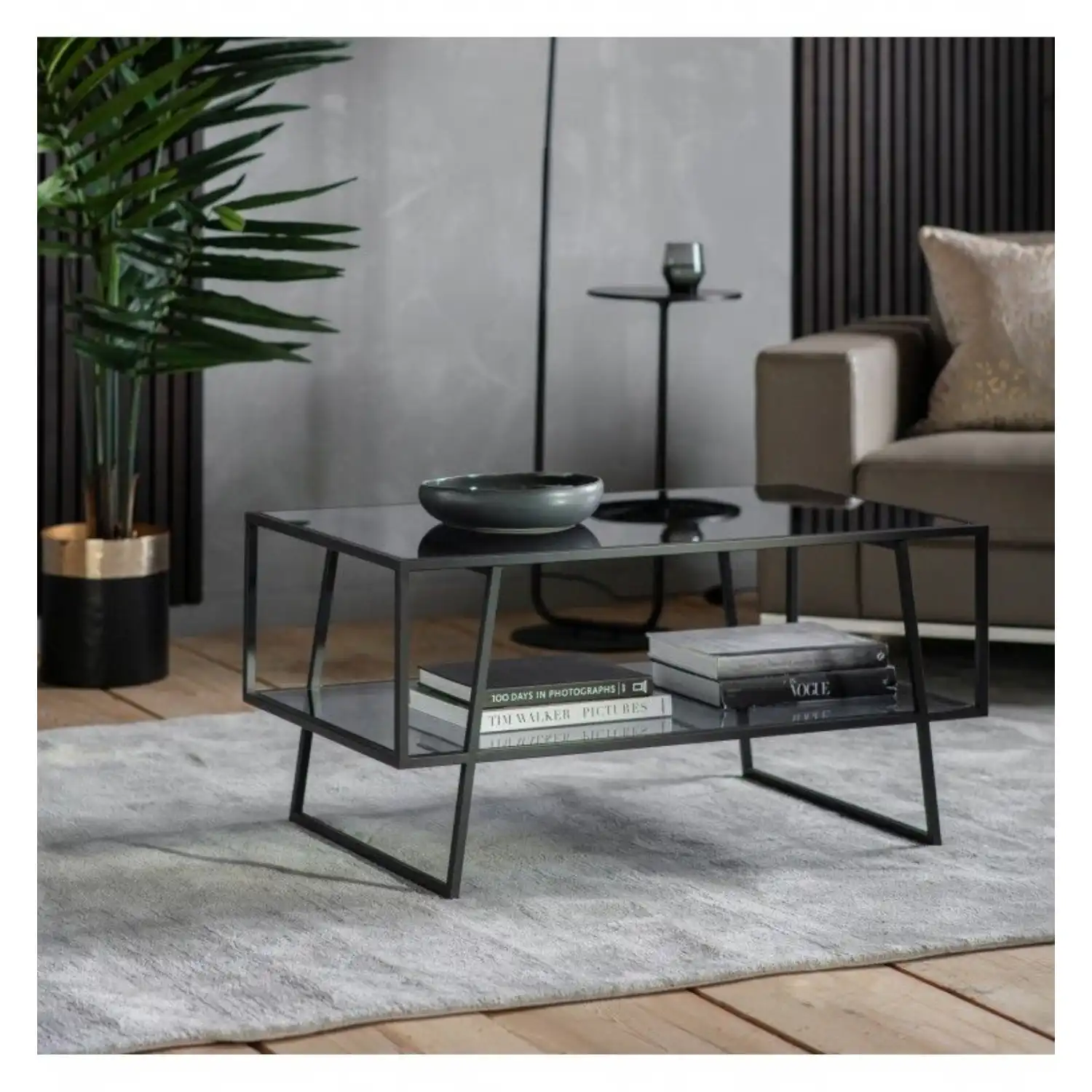 Glass Top and Black Iron Frame Single Shelf Coffee Table