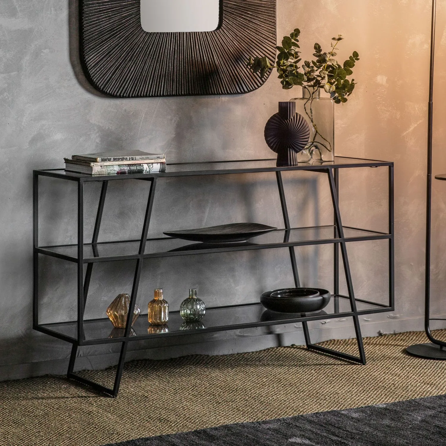 Black Metal Smoked Glass Large Console Table