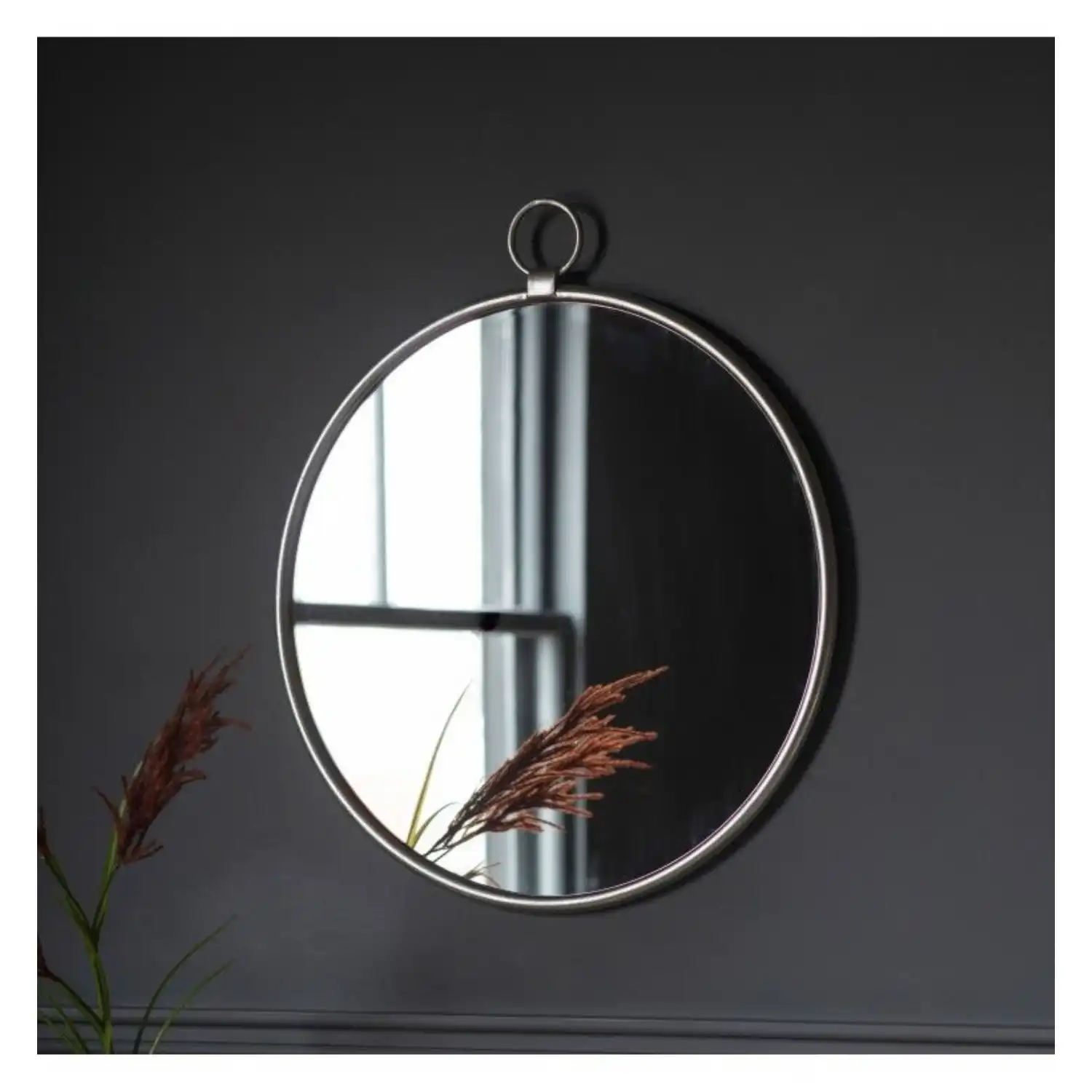 Silver Round Wall Mirror with Ring Hanging Loop Top
