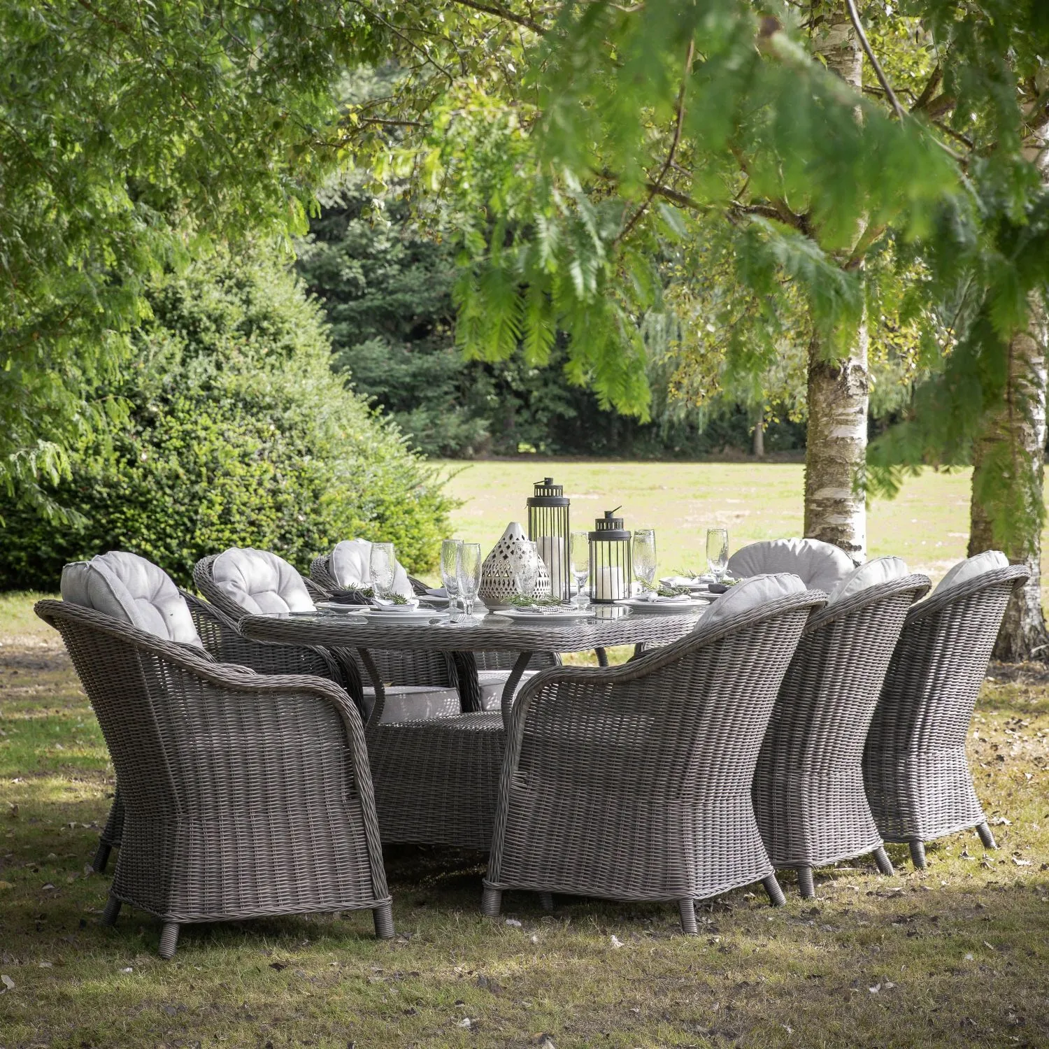 Grey Rattan Oval Garden Dining Table and 8 Chair Set with Cushions