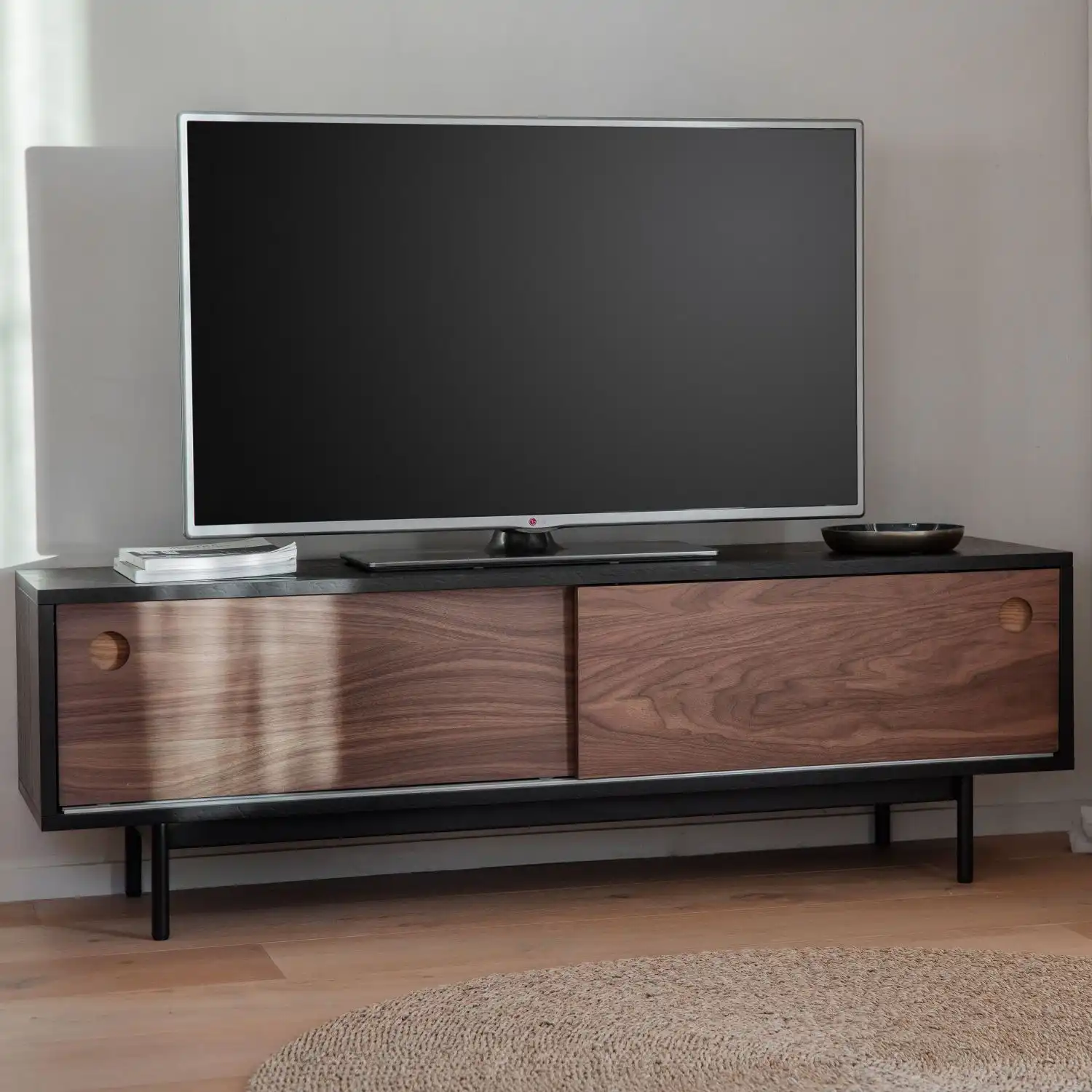 Walnut Wood Large TV Media Unit with Sliding Doors