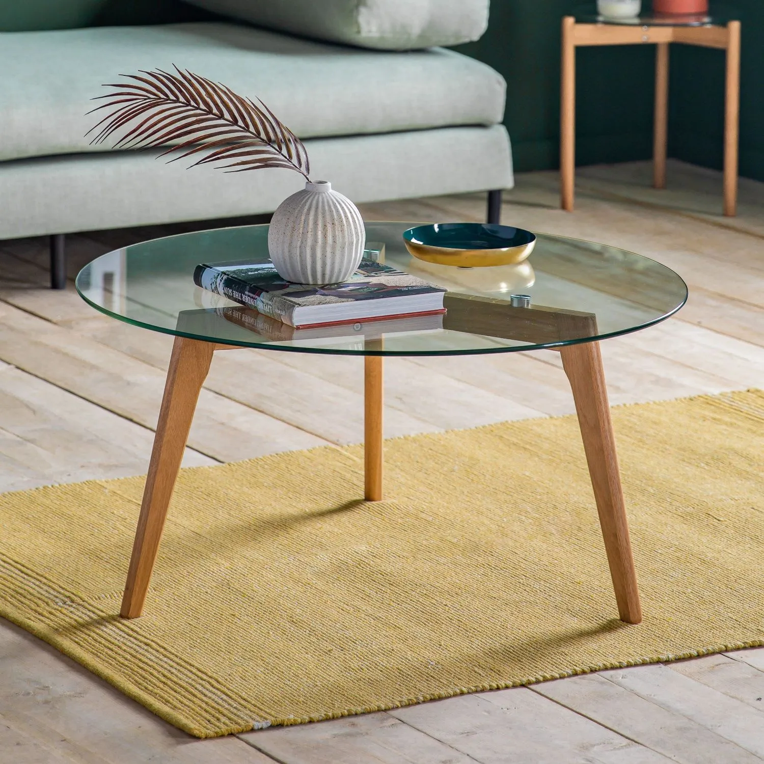 Oak Round Coffee Table Glass Top