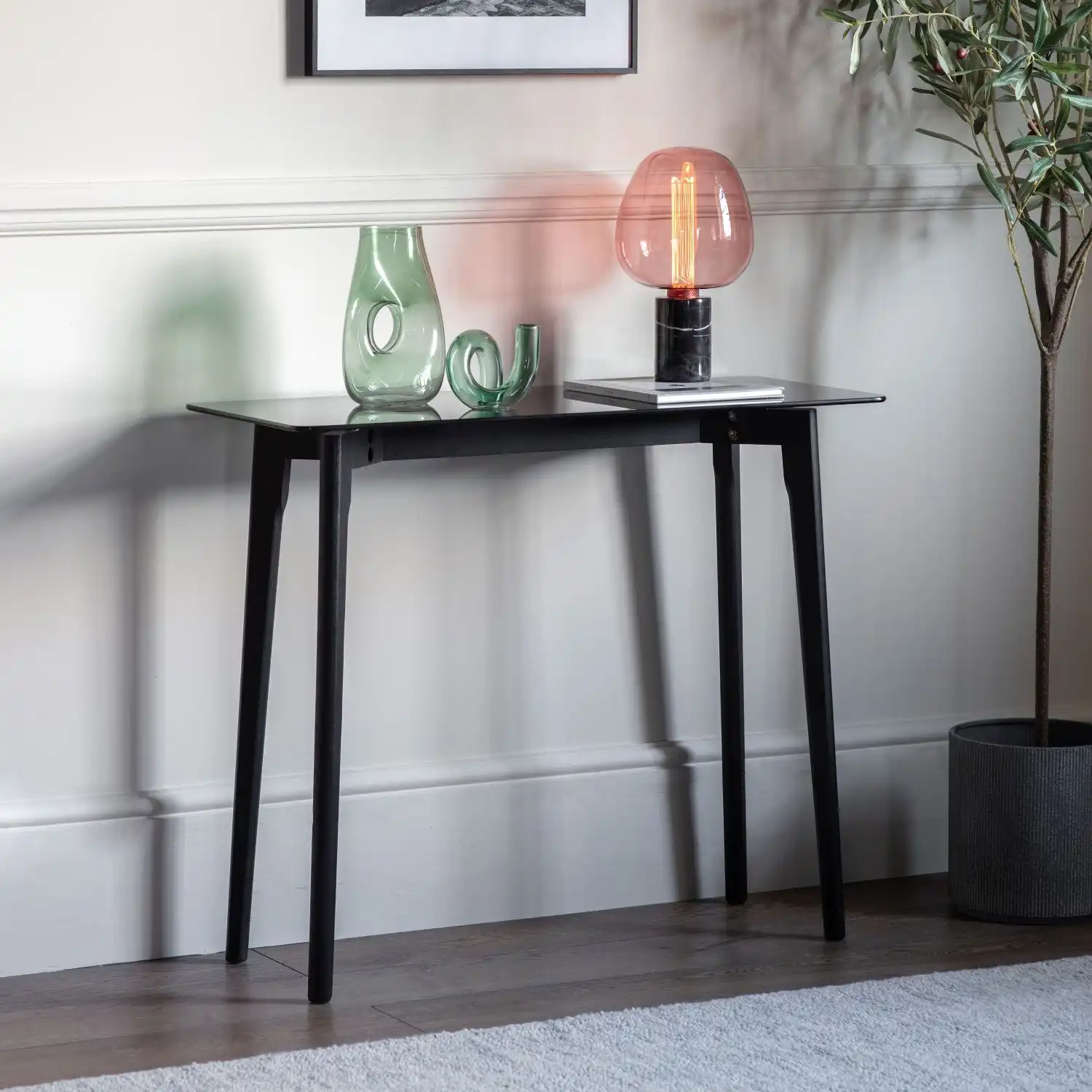 Black Console Table Oak Base Smoked Glass Top