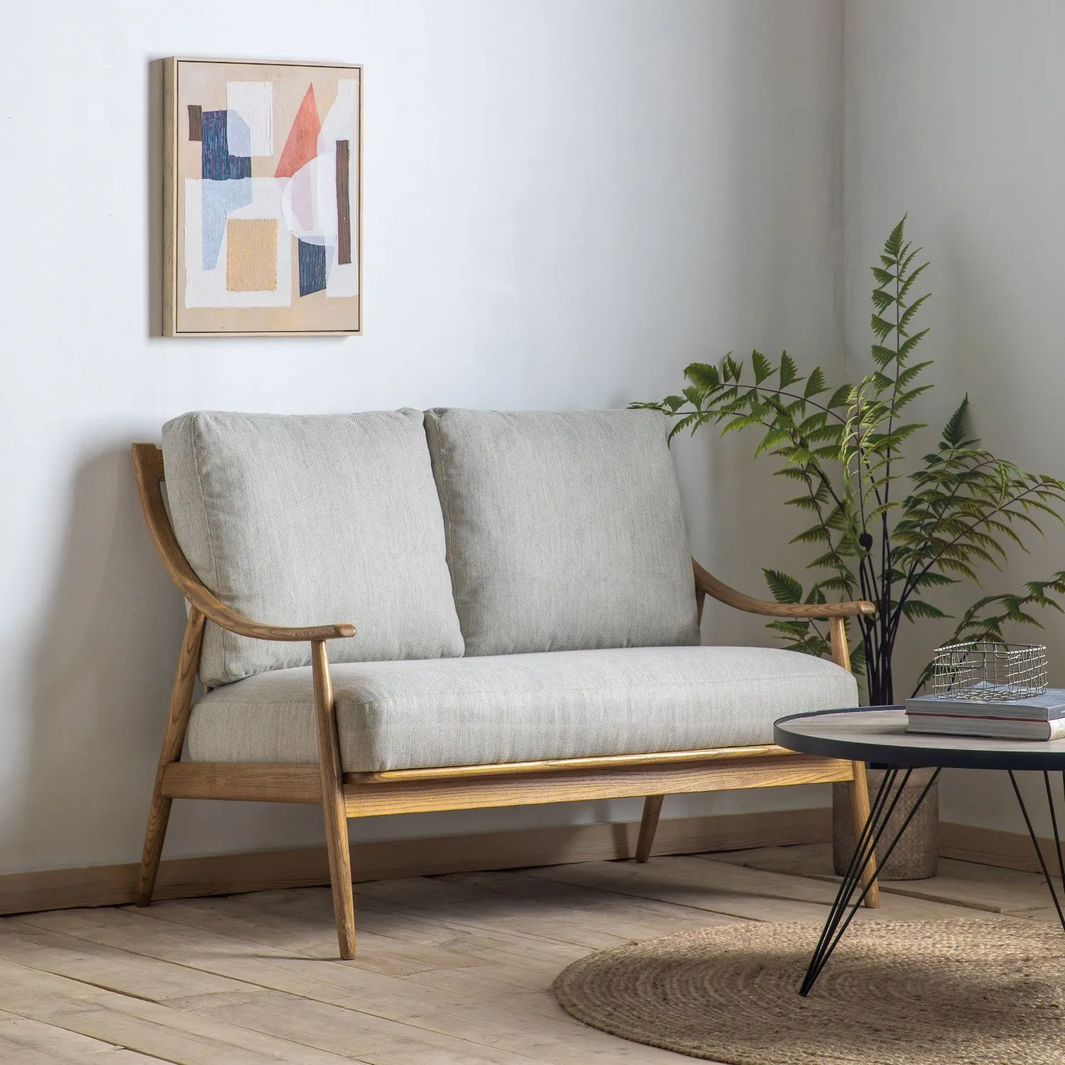 Grey Linen Fabric 2 Seater Sofa Oak Wood Framed