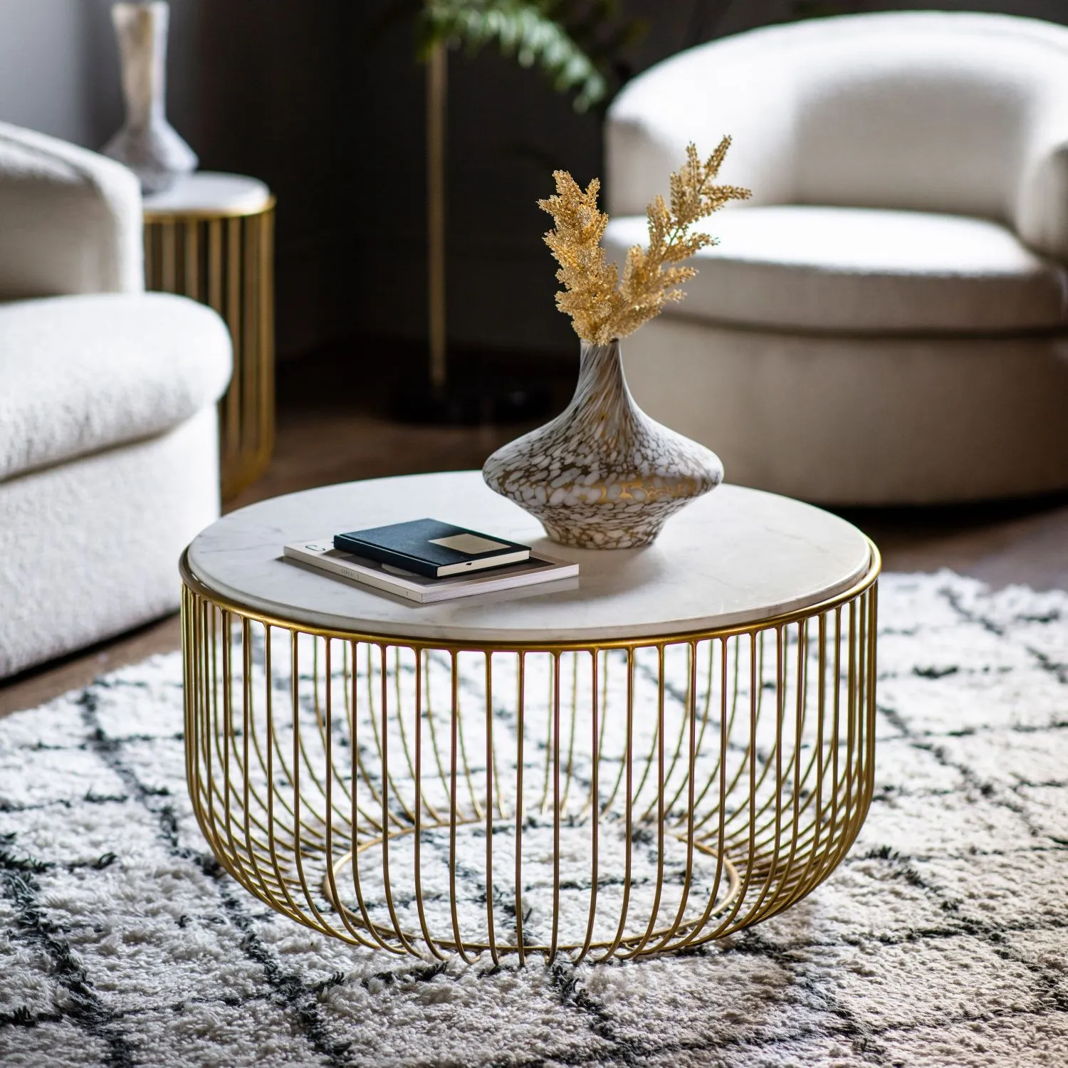 White Marble Top Round Coffee Table Gold Metal Cage Base