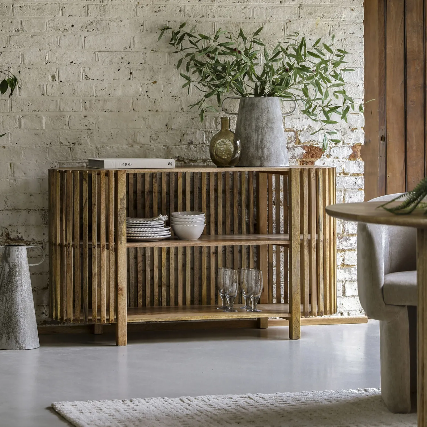 Natural Wood Open Slatted Curved Console Table