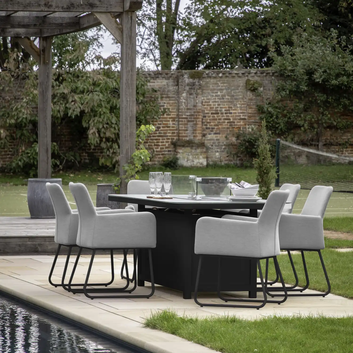 Slate Grey Fabric Outdoor 6 Seater Dining Set with Fire Pit Table