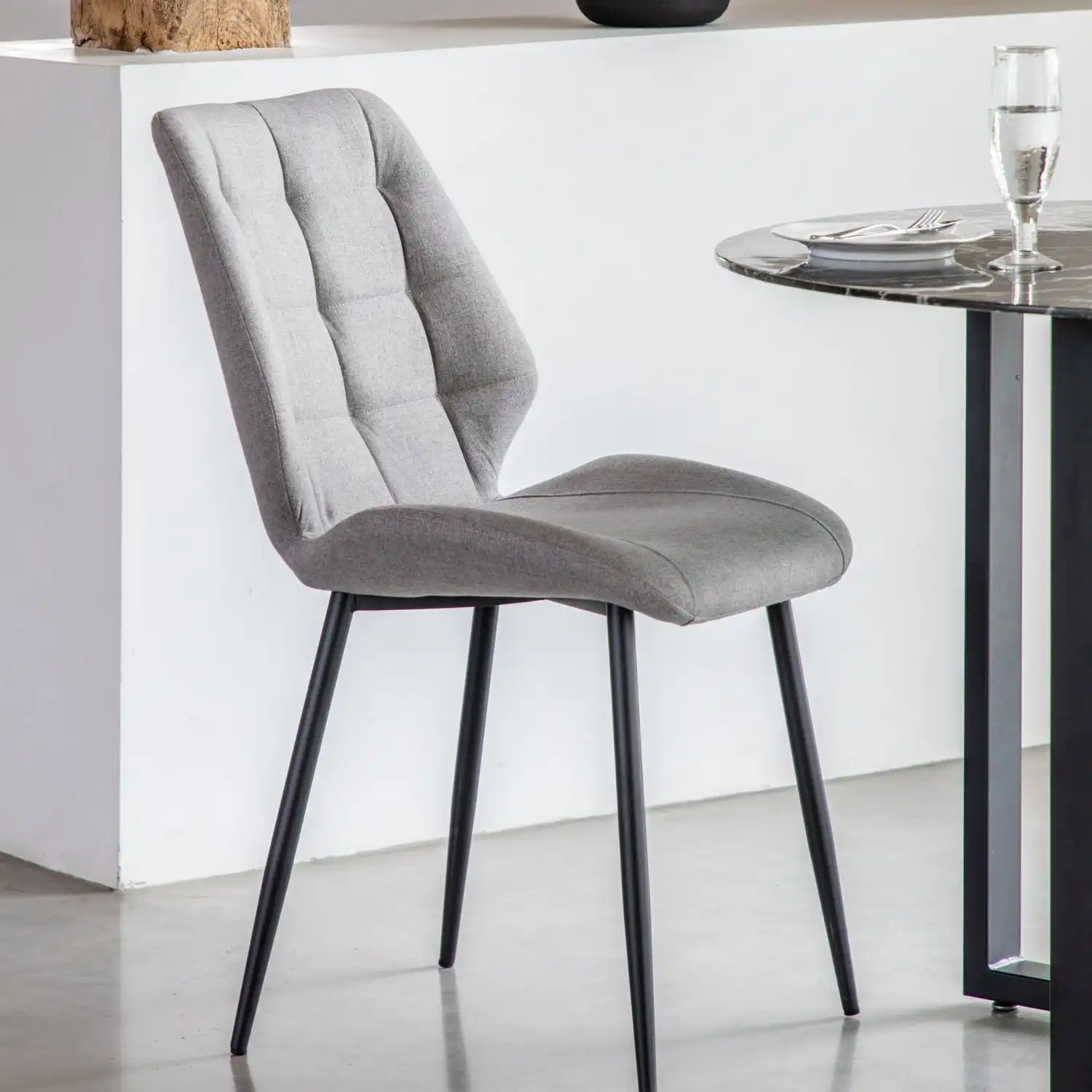 Light Grey Fabric Dining Chair Black Tapered Iron Legs